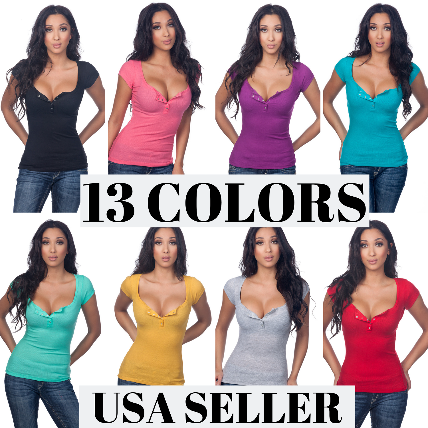 Color Story Junior Sexy Casual scollatura a costine Henley strass Capsleeve Top