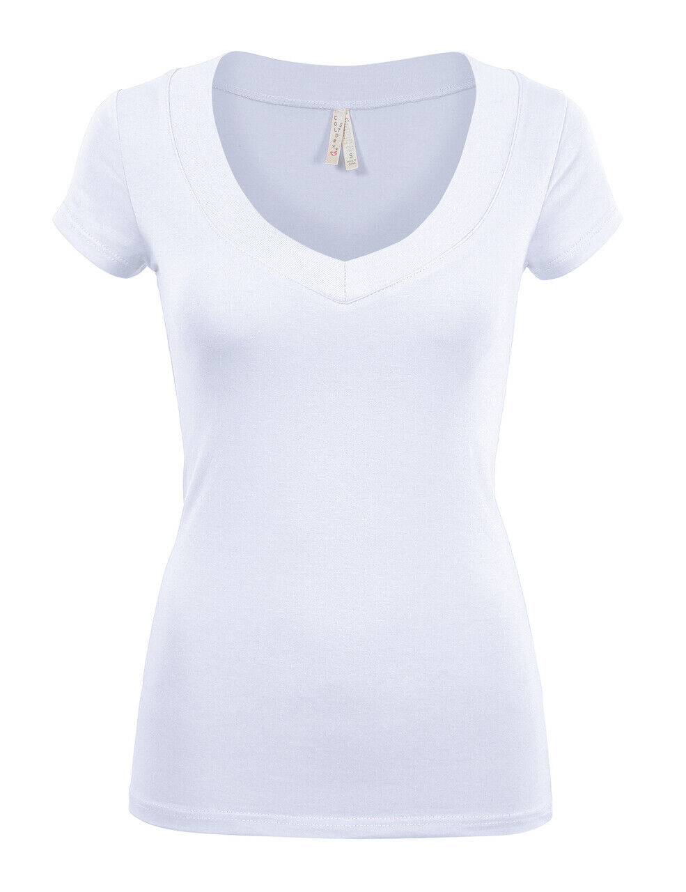 Color Story Ladies Wide Band V-Neck Fitted Capsleeve Tee Tshirt #1527