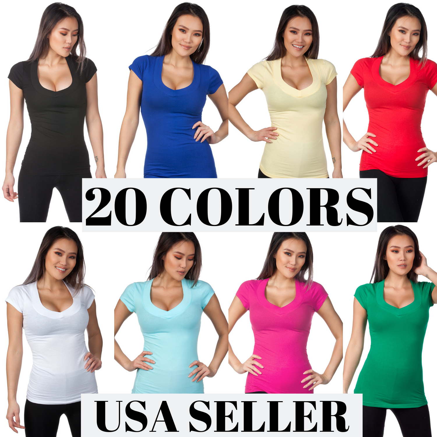Color Story Ladies Wide Band V-Neck Fitted Capsleeve Tee Tshirt #1527