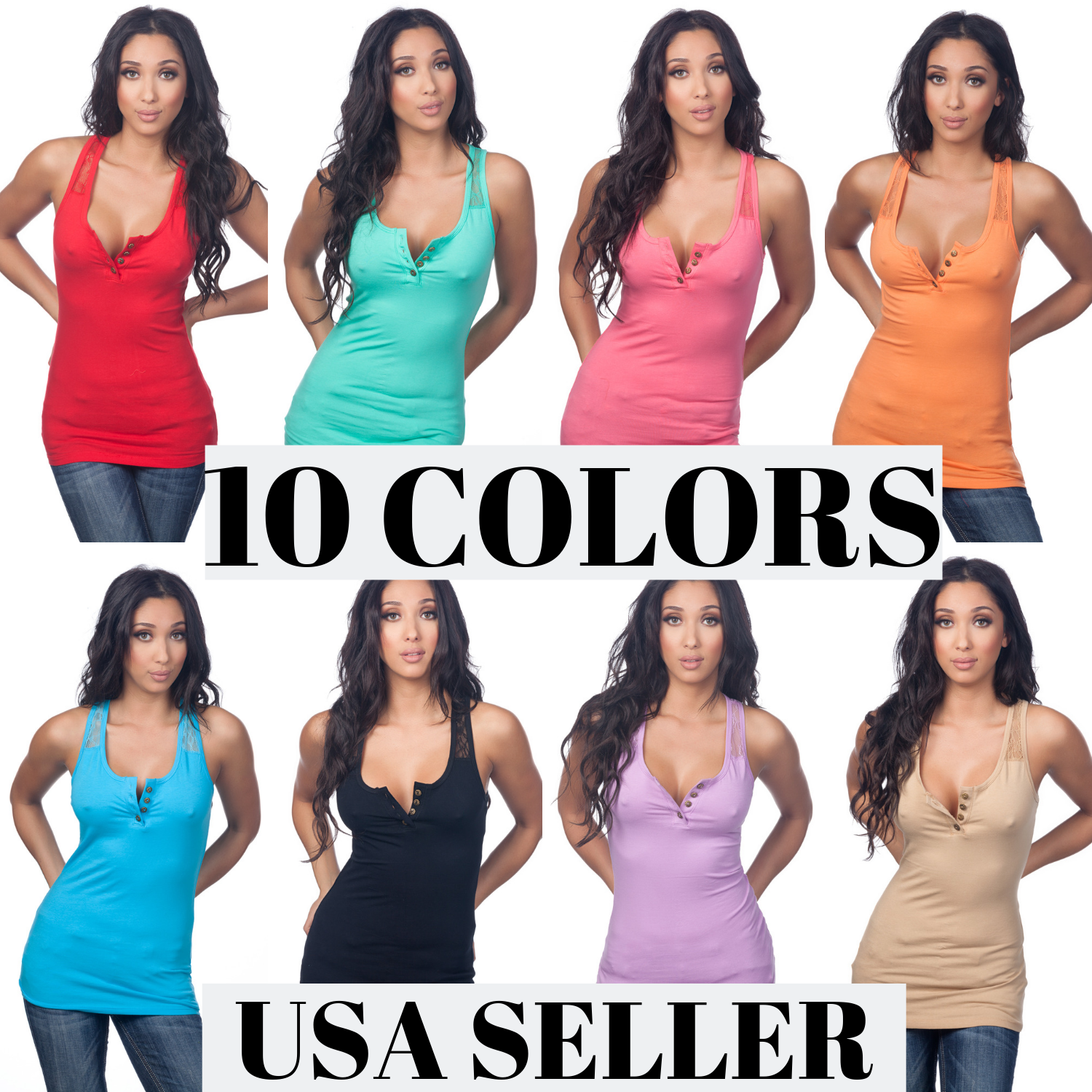 Color Story Junior Women's FItted Scoopneck Lace RacerBack Button Up Tank Top