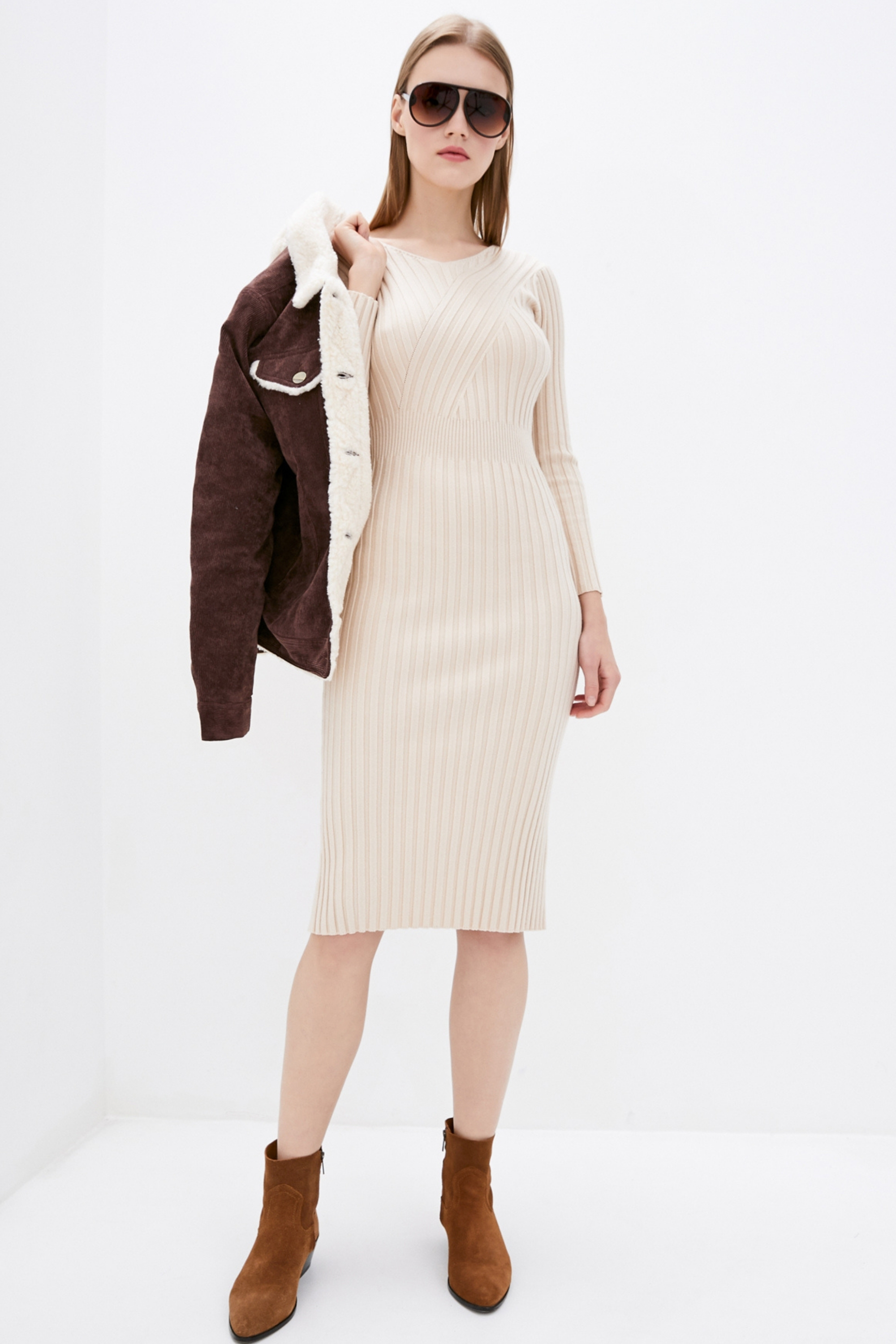 Dasti Strickkleid gerippt Bodycon Midi Pullover V-Ausschnitt schmale Weste Stretch Neckholder - Bild 7 von 26
