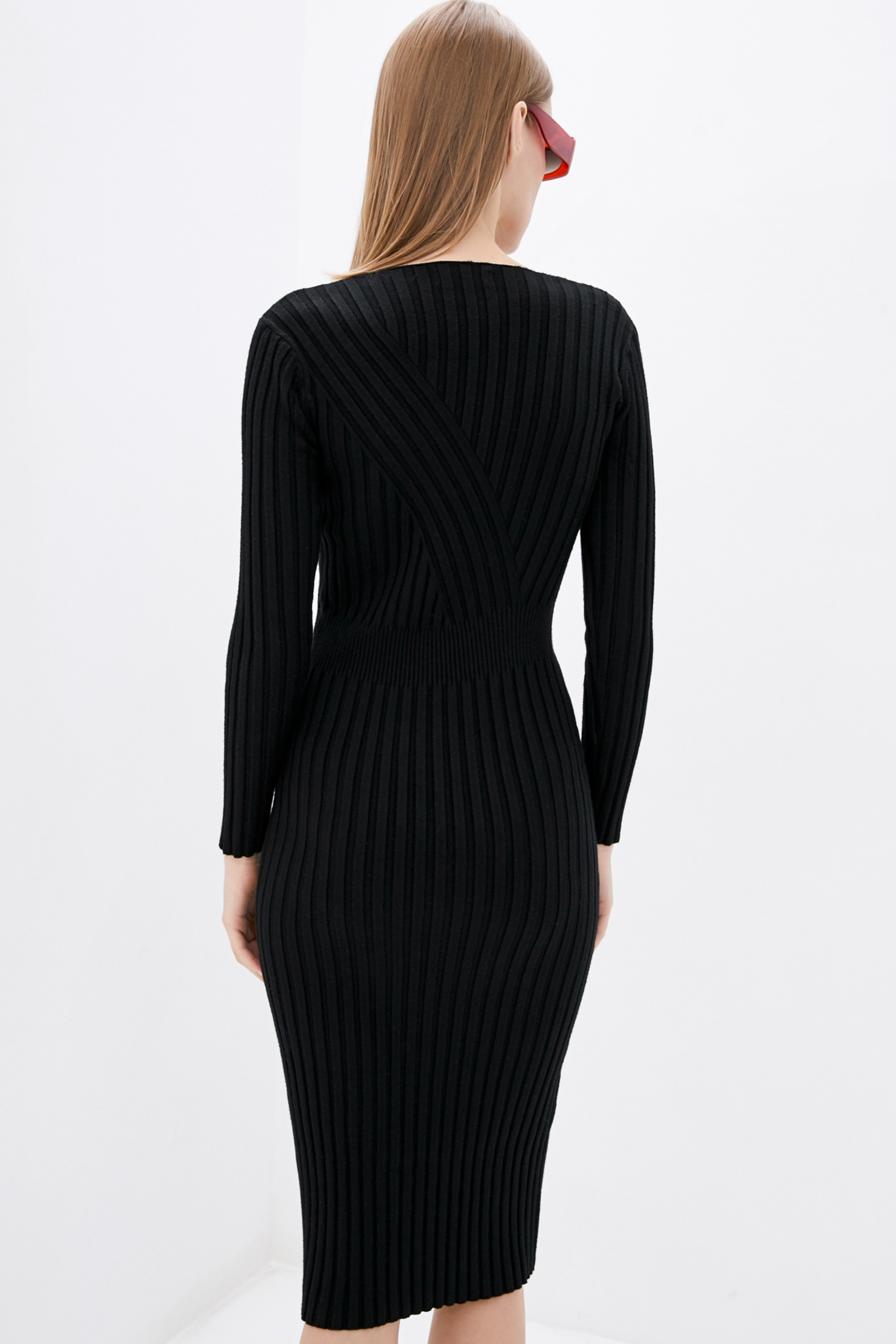 Dasti Strickkleid gerippt Bodycon Midi Pullover V-Ausschnitt schmale Weste Stretch Neckholder - Bild 11 von 26