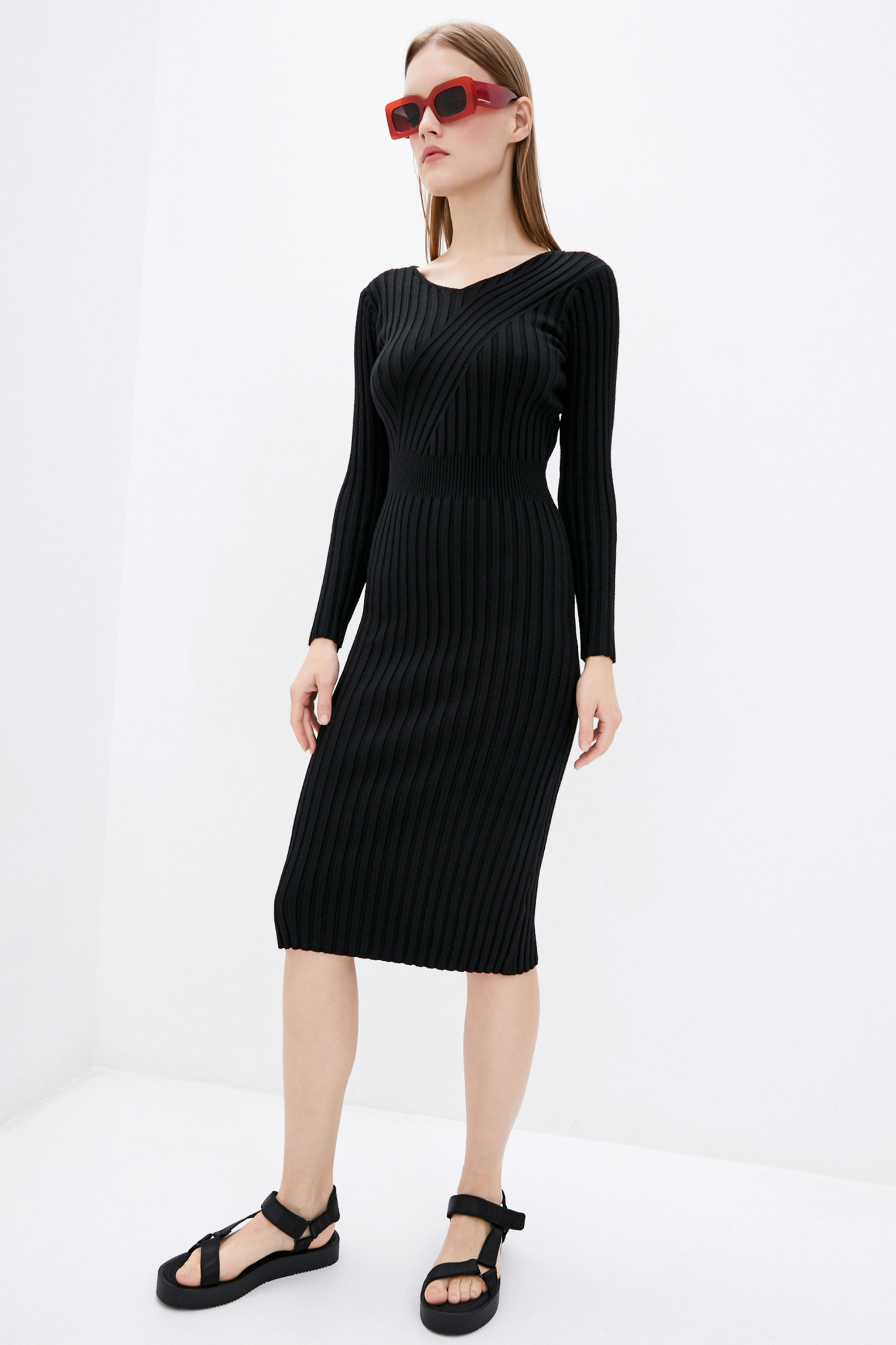 Dasti Strickkleid gerippt Bodycon Midi Pullover V-Ausschnitt schmale Weste Stretch Neckholder - Bild 9 von 26