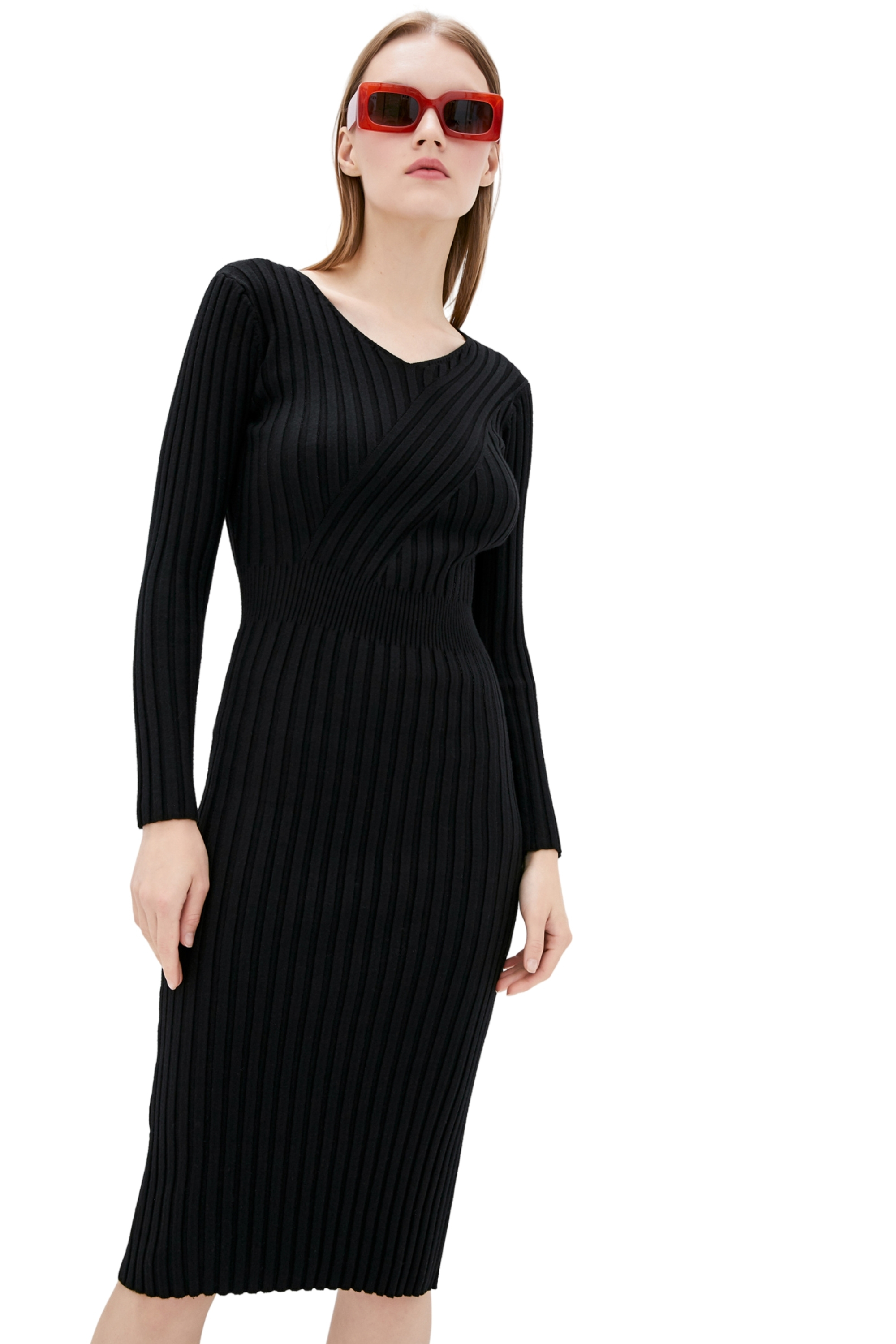 Dasti Strickkleid gerippt Bodycon Midi Pullover V-Ausschnitt schmale Weste Stretch Neckholder - Bild 8 von 26