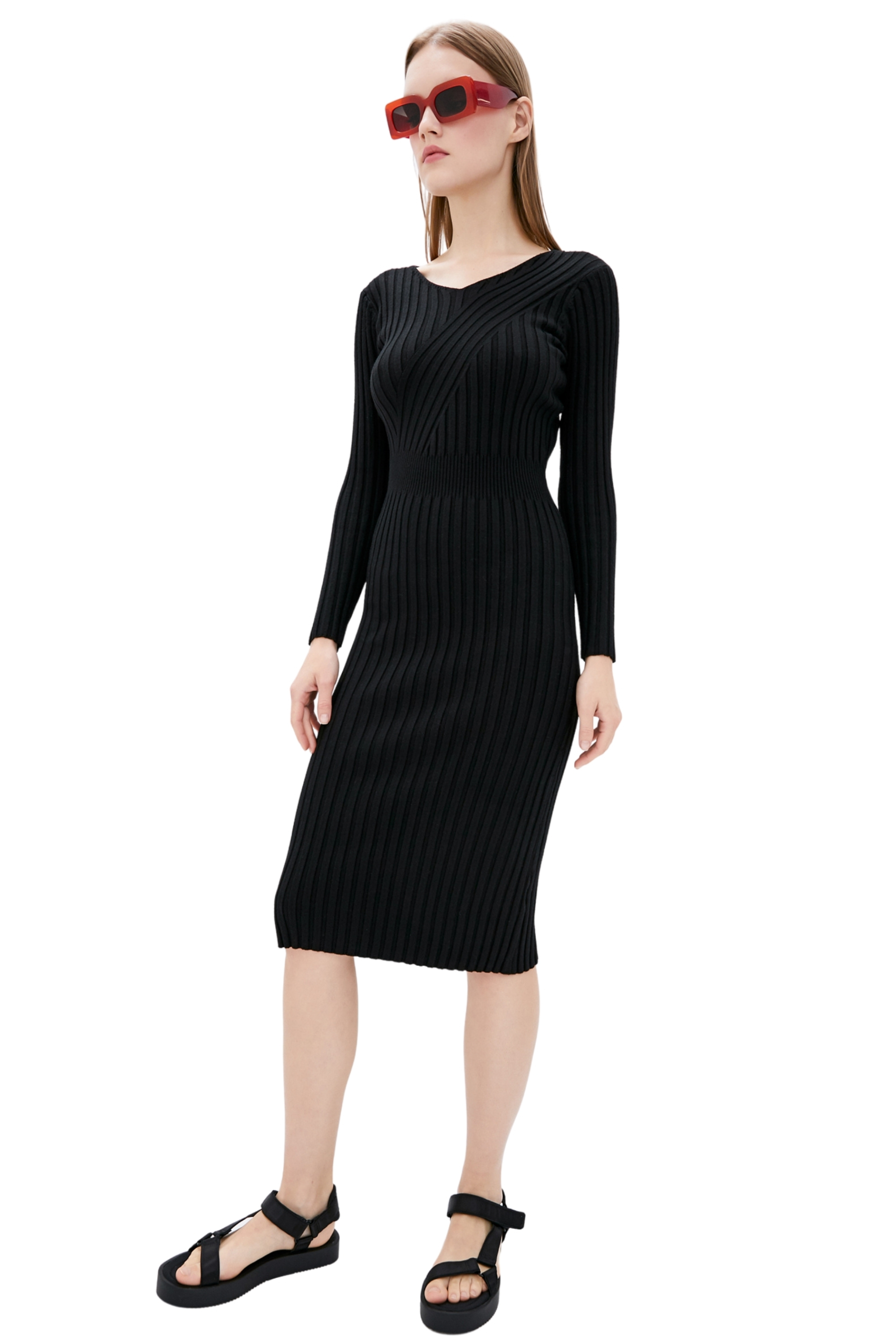 Dasti Strickkleid gerippt Bodycon Midi Pullover V-Ausschnitt schmale Weste Stretch Neckholder - Bild 13 von 26