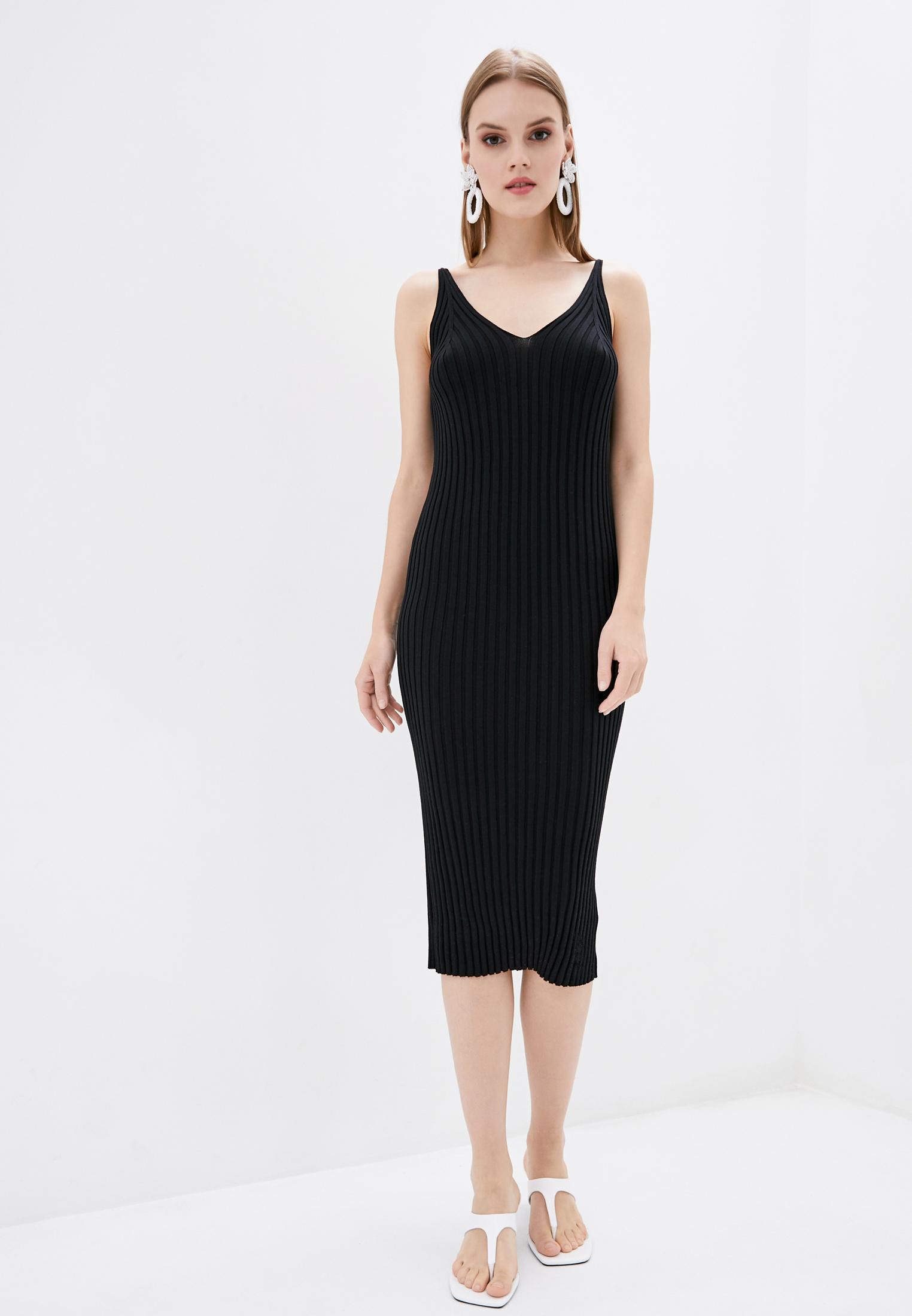 Dasti Strickkleid gerippt Bodycon Midi Pullover V-Ausschnitt schmale Weste Stretch Neckholder - Bild 22 von 26