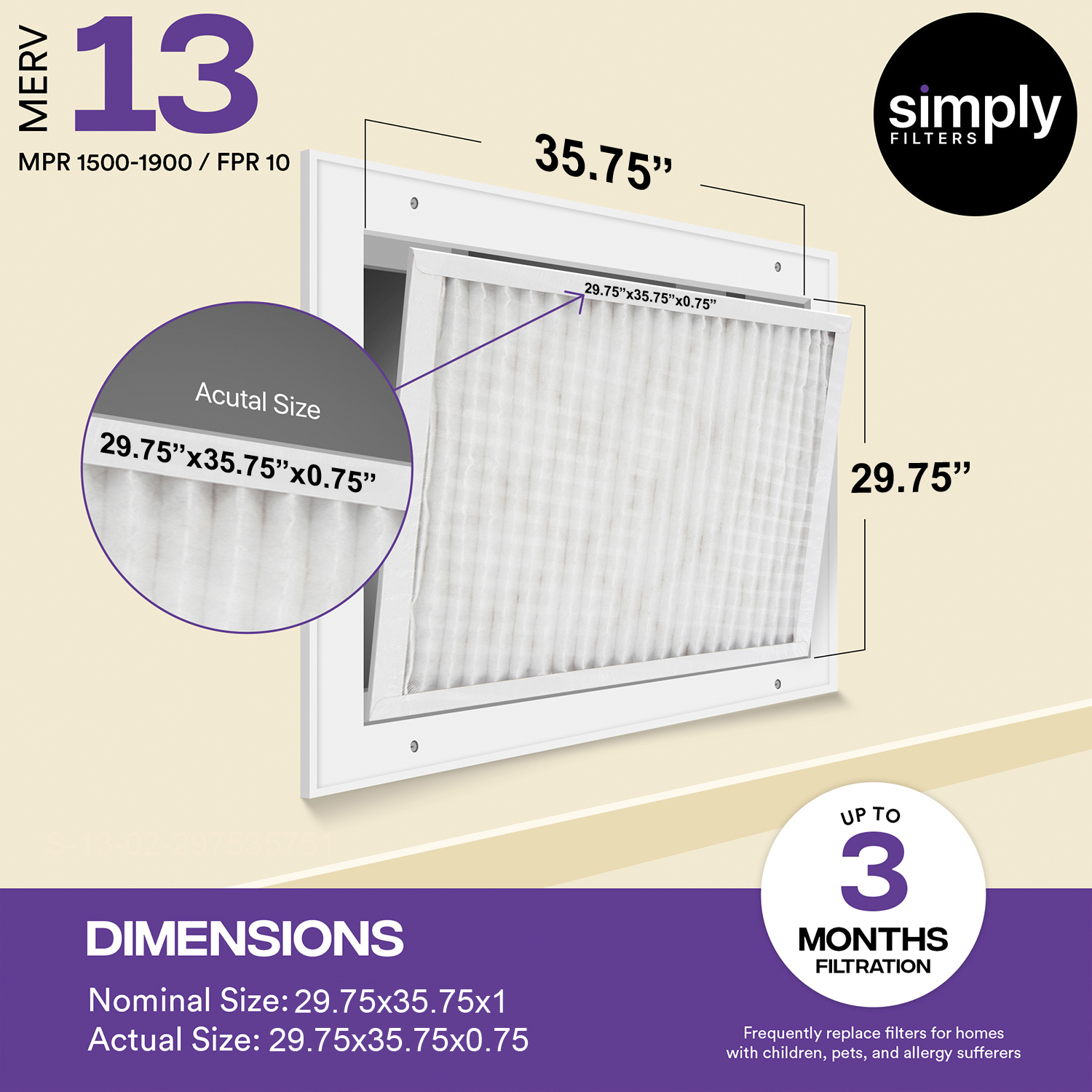 Simply Filters 29.75×35.75×1 MERV 13, MPR 1500, AC Furnace HVAC Air Filter
