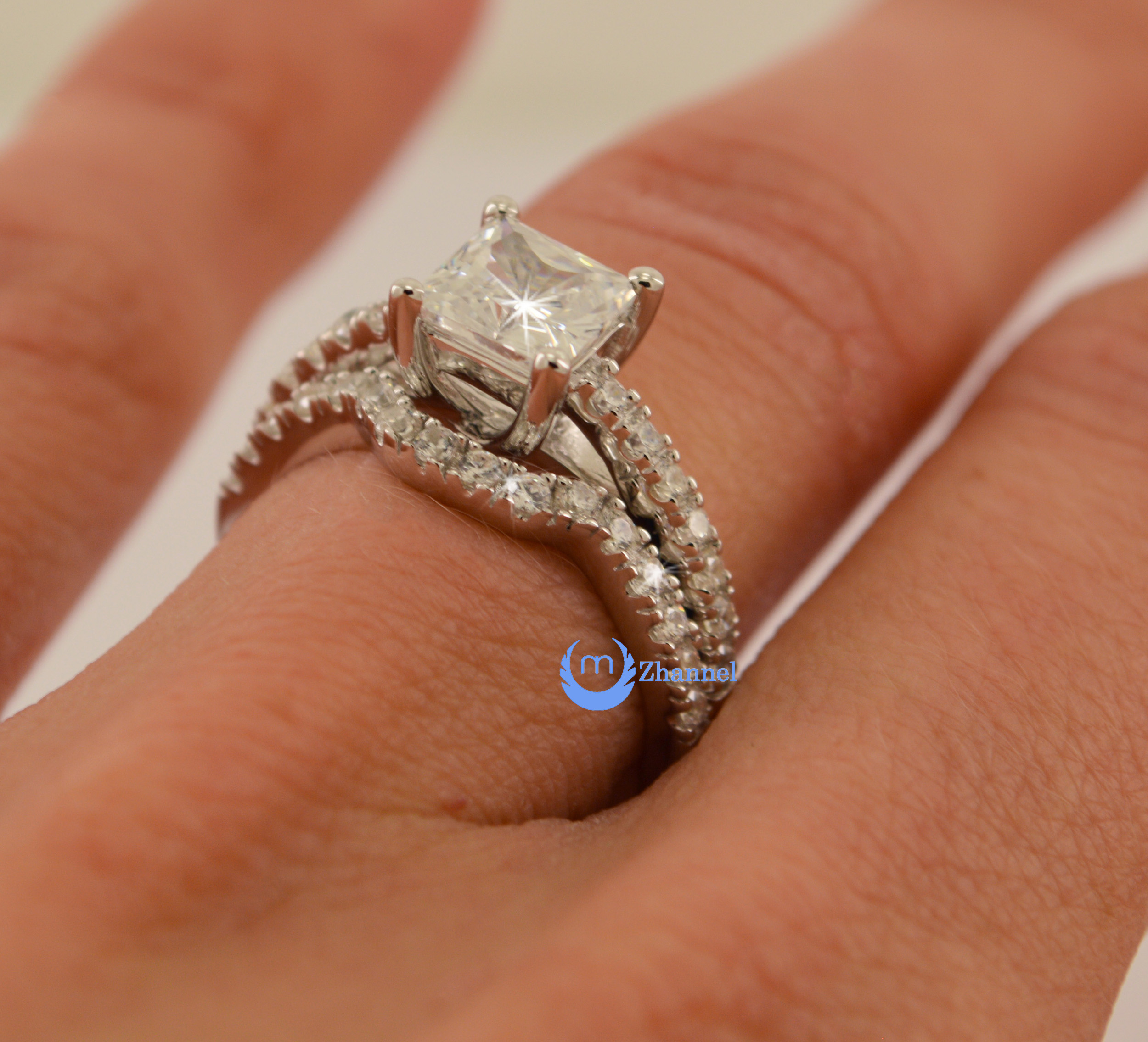 1ct Princess Cut Solitaire w/Accent Engagement Wedding Rings Set Silver