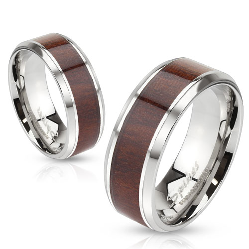 8mm Darker Wood Pattern Center Stainless Steel Beveled Edge Men's Band Ring - Bild 2 von 5