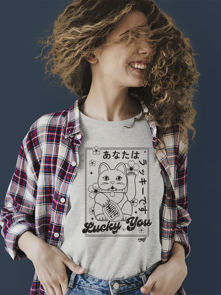 Lucky You Emoji - Japanese Maneki Neko Cat Design Damen T-Shirt - Bild 6 von 20