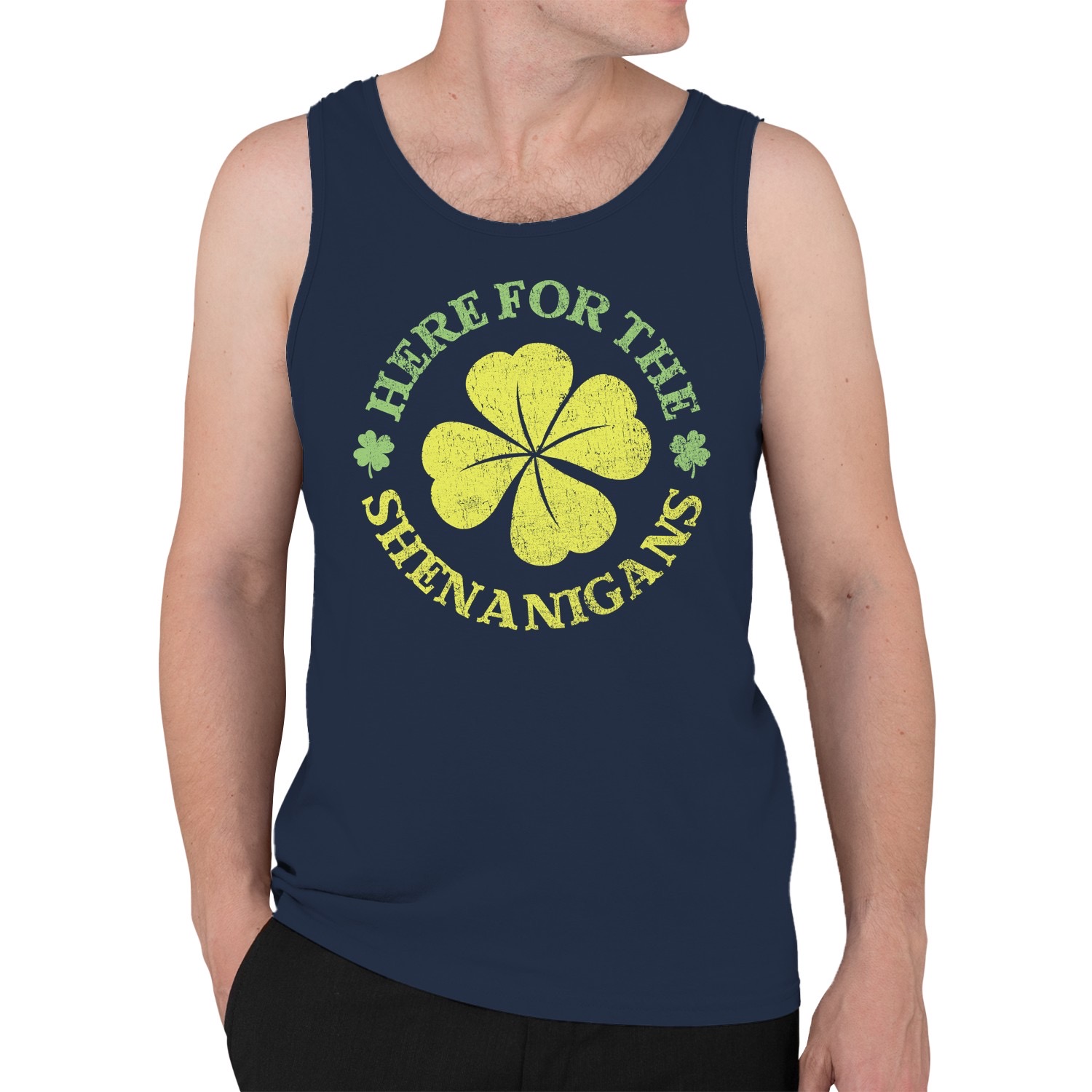 Here for the Shenanigans Fun St. Patricks Day Shamrock Men's Tank Top - Picture 11 of 12