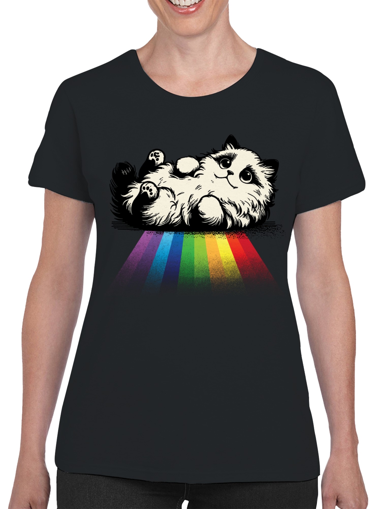 Fluffy Cat on Rainbow Path Women's T-shirt - Picture 5 of 18
