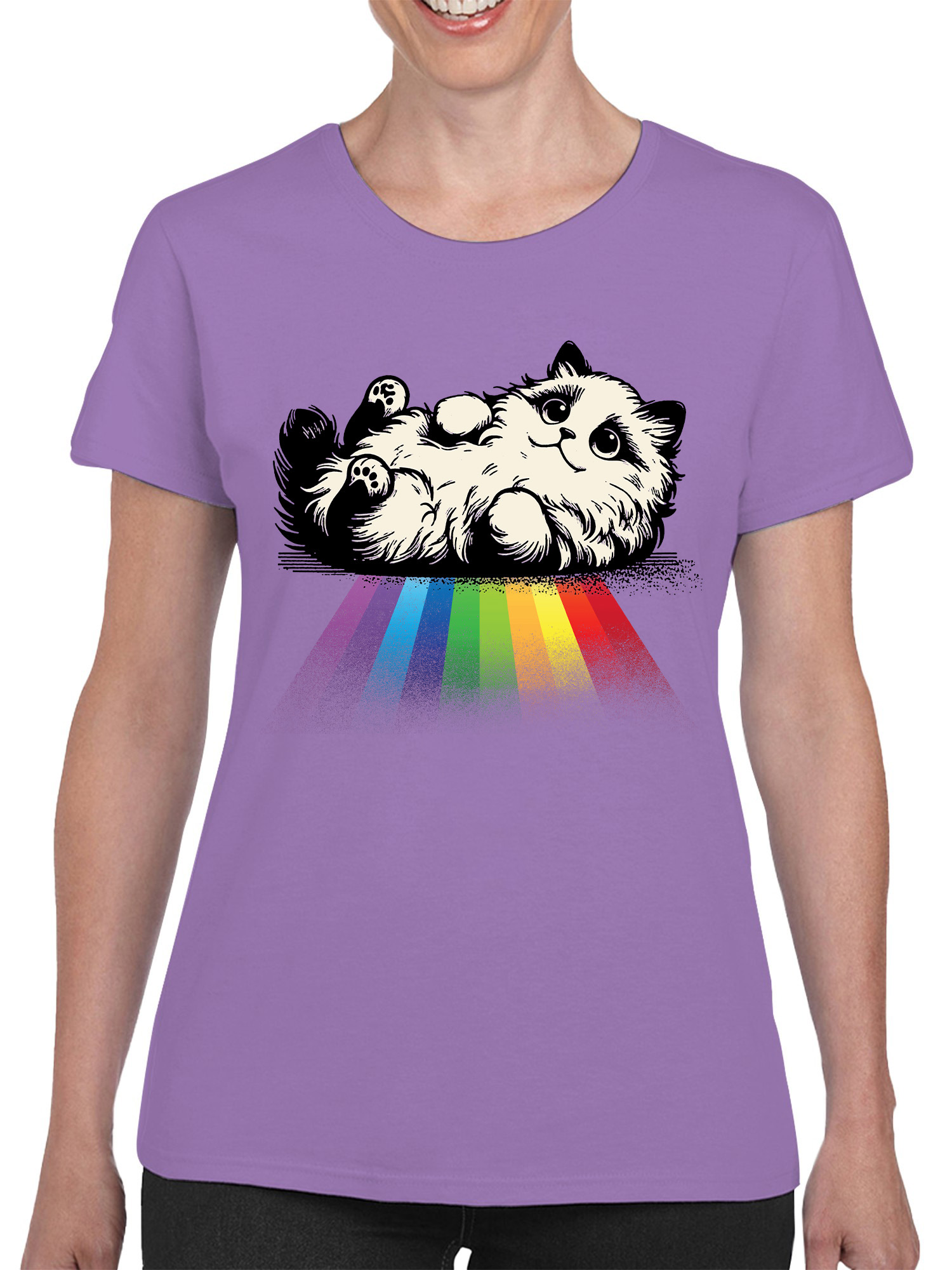 Fluffy Cat on Rainbow Path Women's T-shirt - Picture 11 of 18