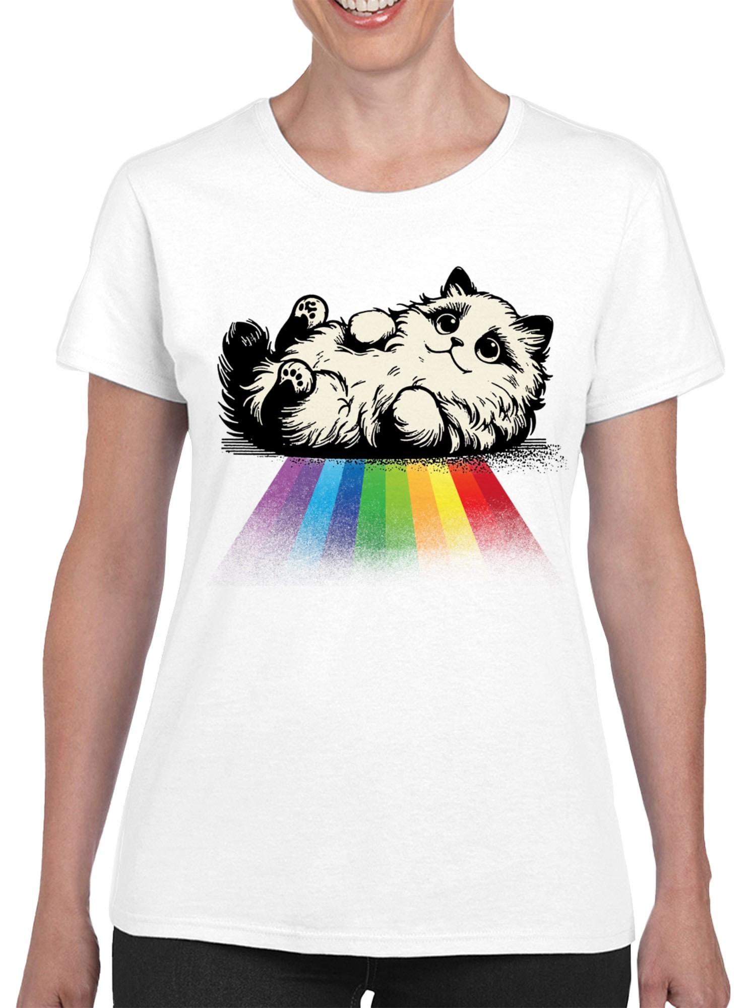 Fluffy Cat on Rainbow Path Women's T-shirt - Picture 17 of 18