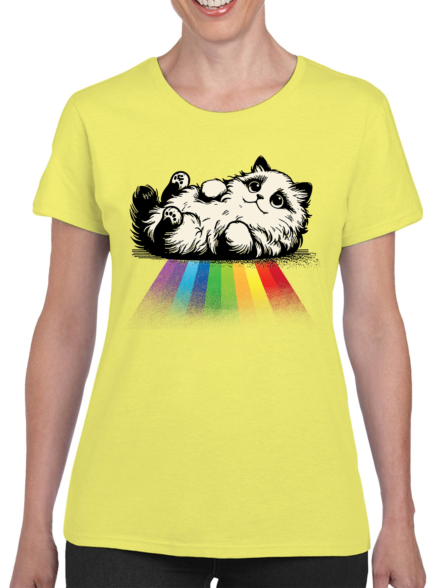 Fluffy Cat on Rainbow Path Women's T-shirt - Picture 8 of 18