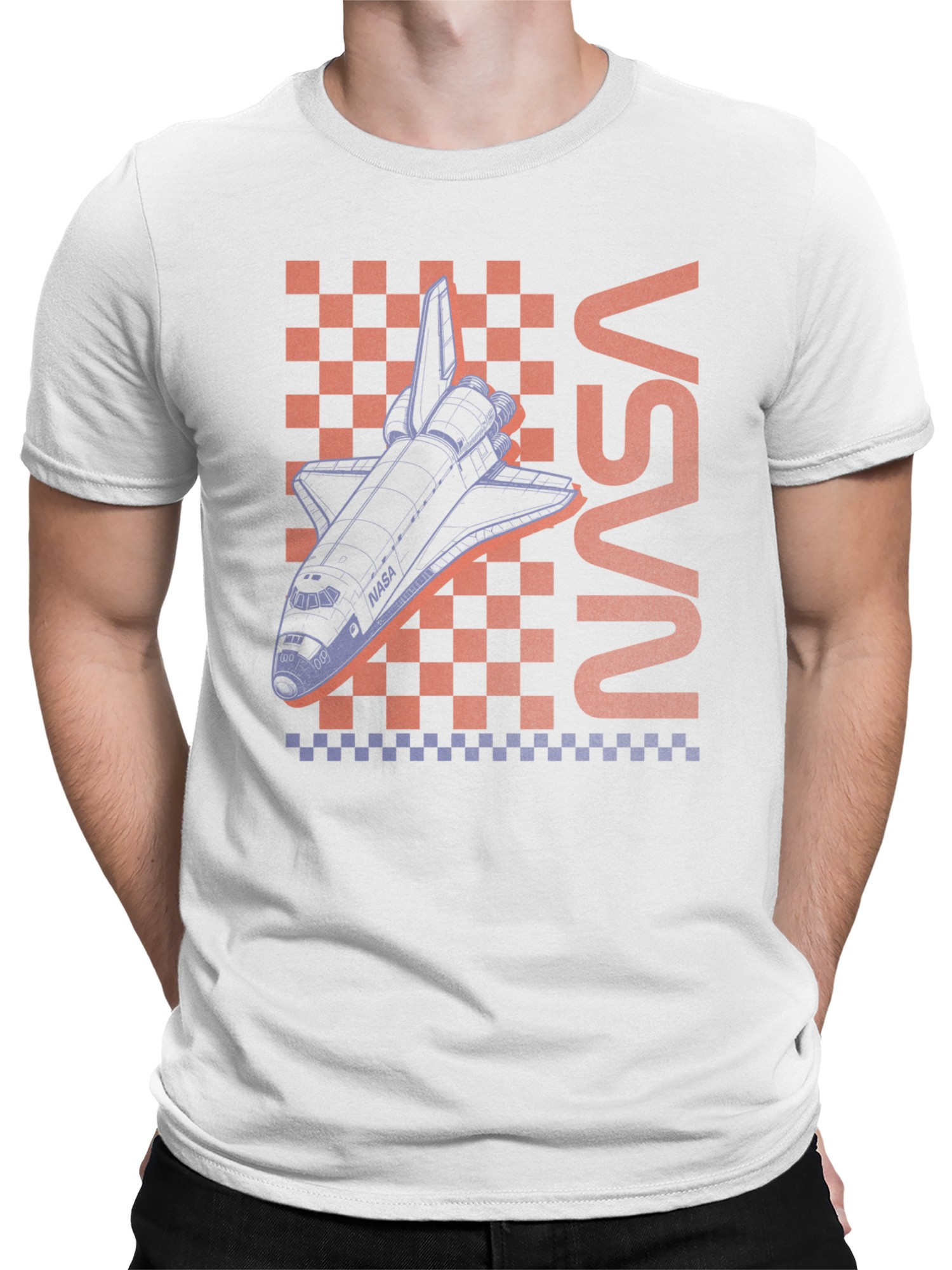 Officially Licensed Nasa Retro Space Shuttle Checkered Men's T-shirt - Picture 8 of 9