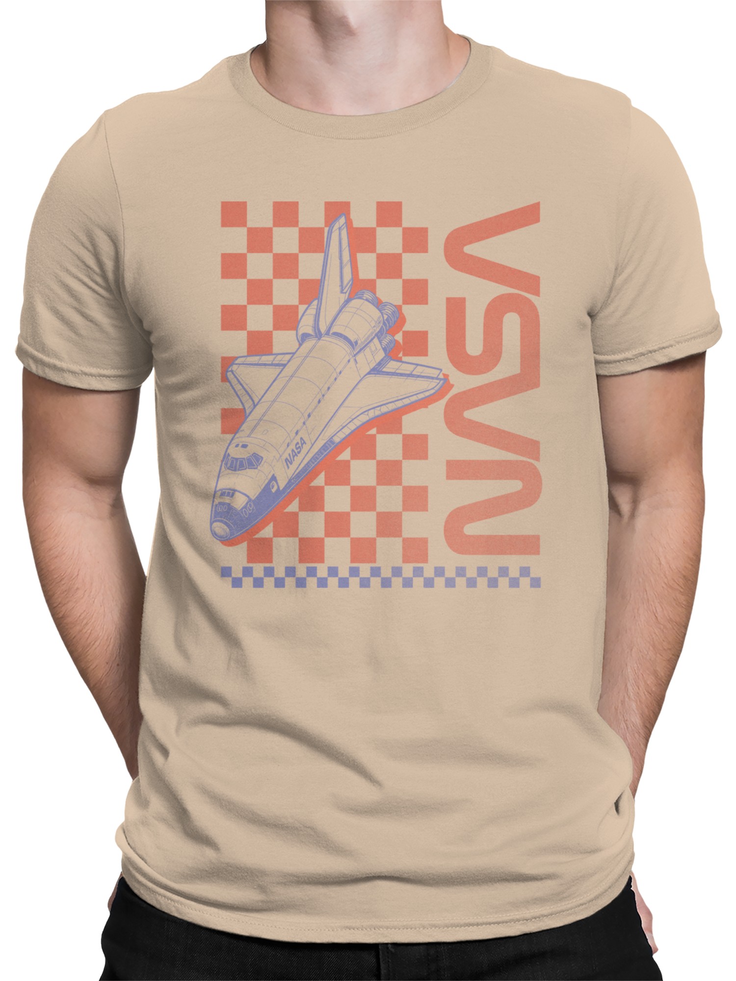 Officially Licensed Nasa Retro Space Shuttle Checkered Men's T-shirt - Picture 5 of 9