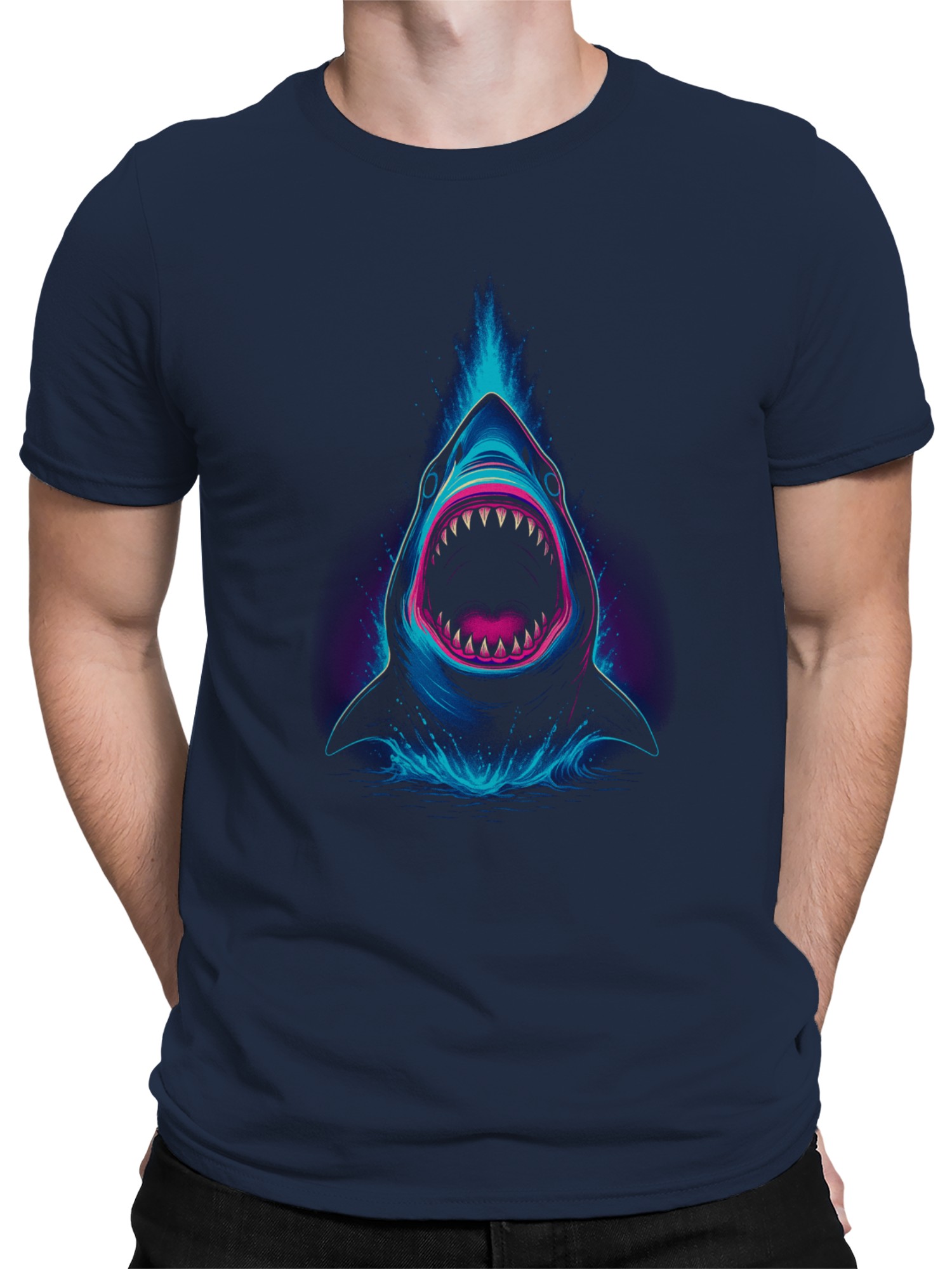 Neon Splash Shark Attack Art Men's T-shirt - Picture 5 of 6