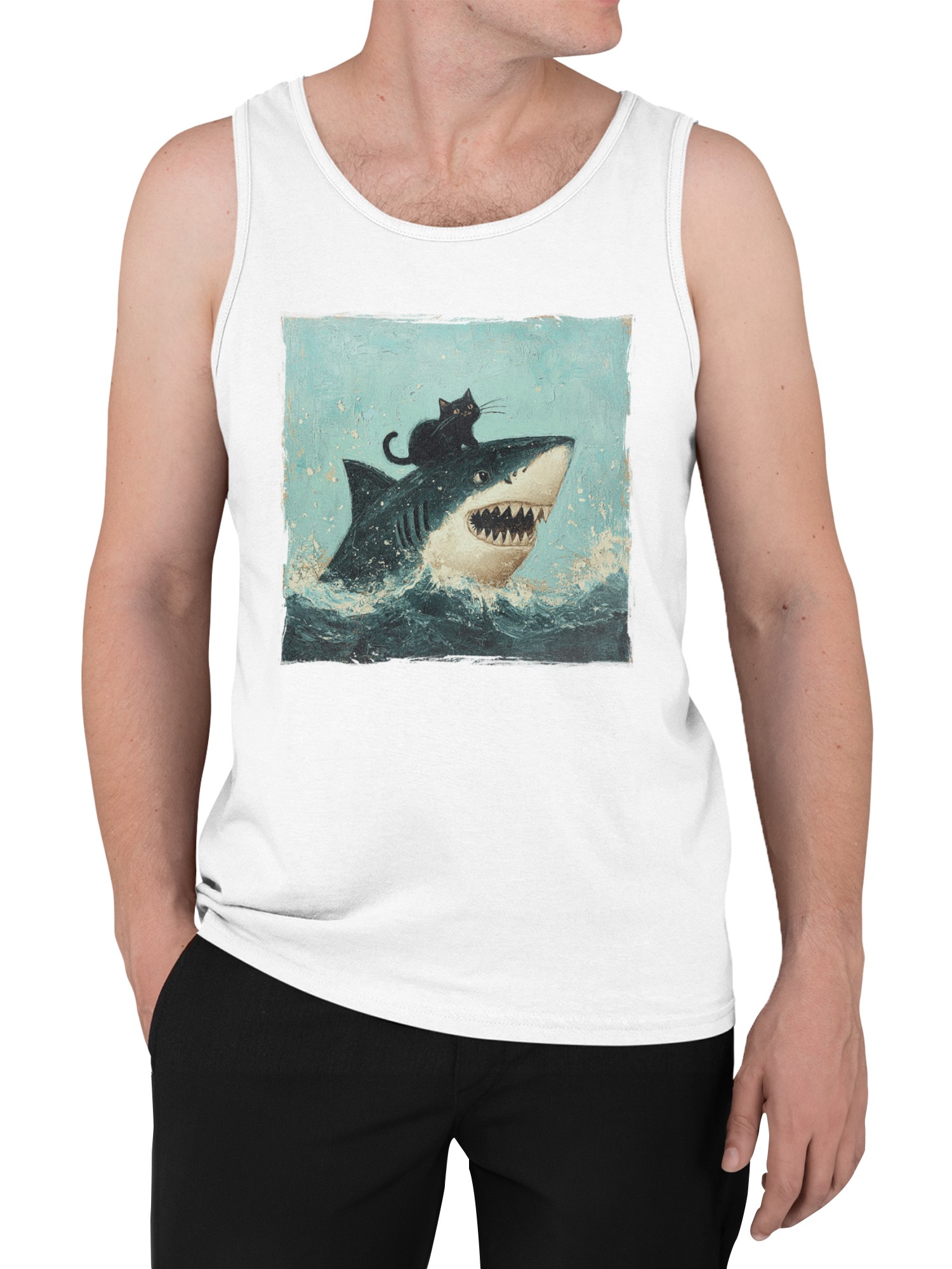 Cat Riding a Shark Artwork Men's Tank Top - Picture 5 of 6
