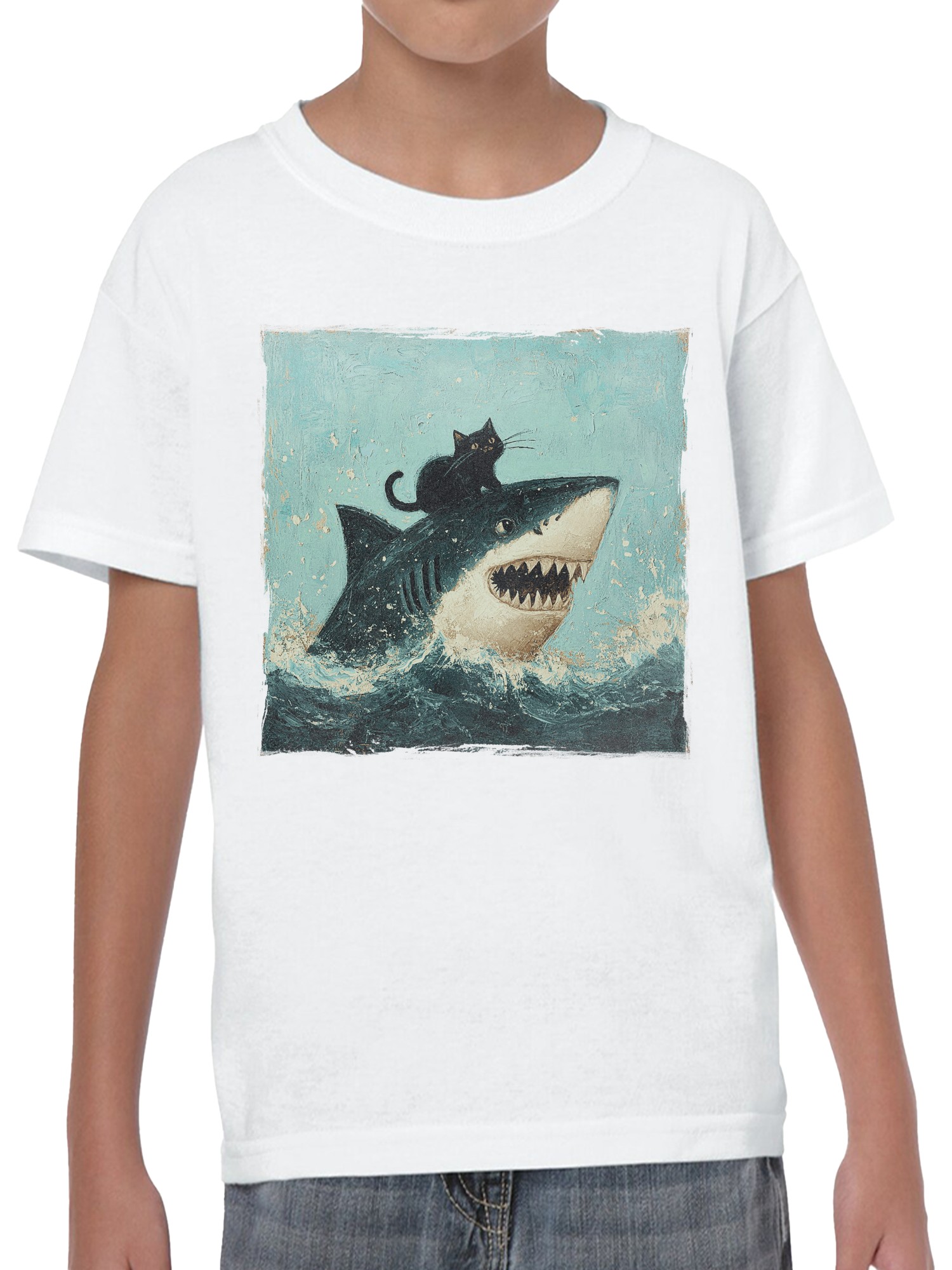 Cat Riding a Shark Artwork Youth's T-shirt - Picture 5 of 9
