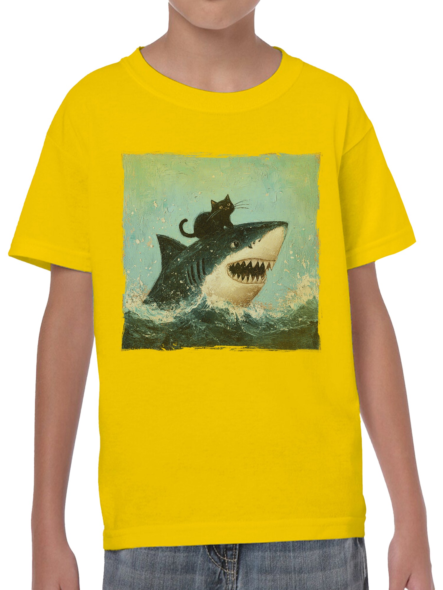 Cat Riding a Shark Artwork Youth's T-shirt - Picture 8 of 9