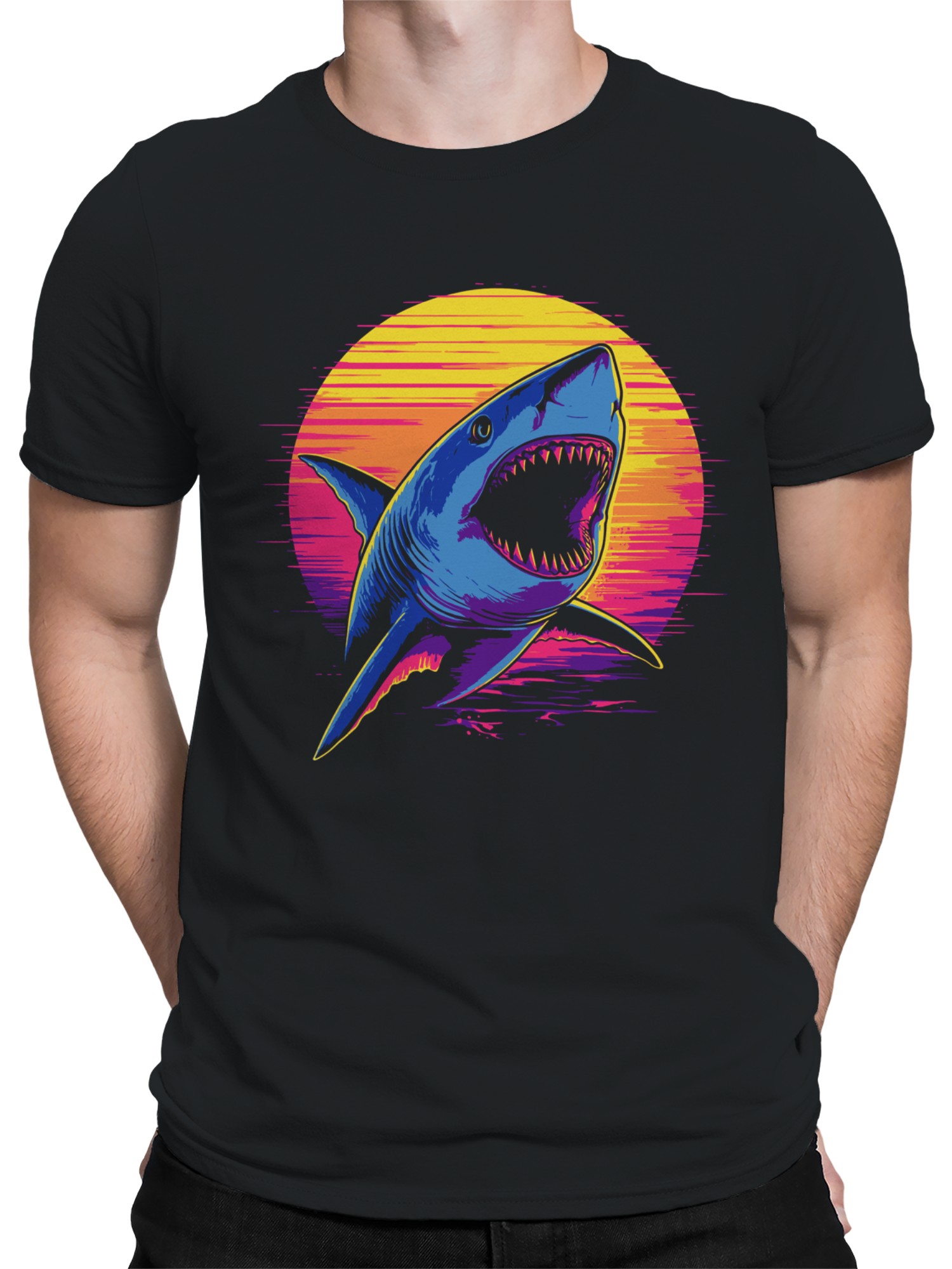 Retro Sunset Shark Attack Men's T-shirt - Picture 5 of 6