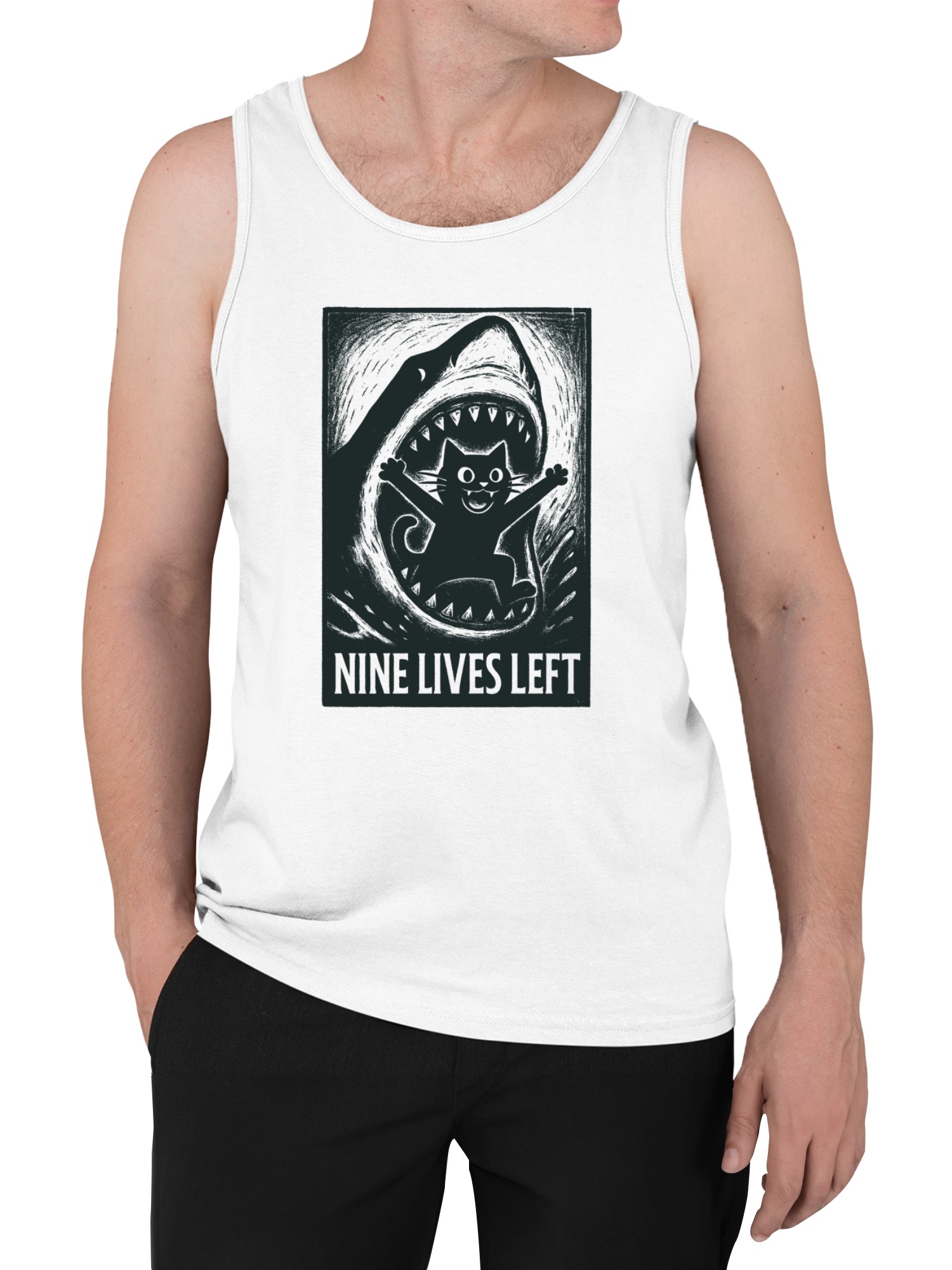 Camiseta sin mangas para hombre Nine Lives Left: Cat vs Shark - Imagen 5 de 6