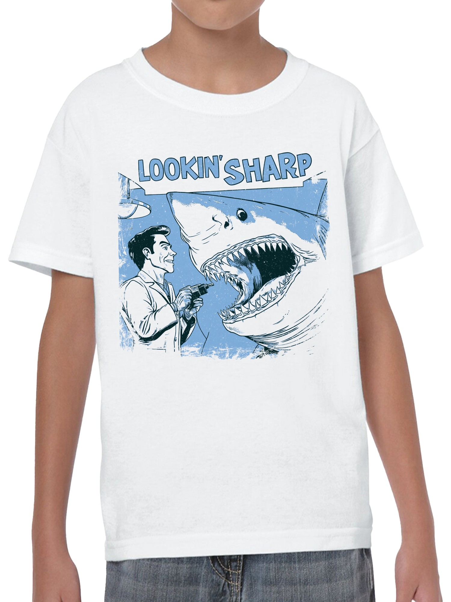 Lookin' Sharp Barber Shark Humor Youth's T-shirt - Picture 5 of 6