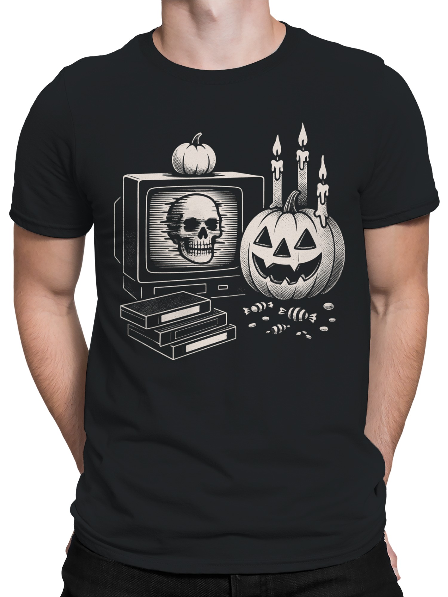 Retro Halloween Vibes: Spooky Skull TV Men's T-shirt - Picture 5 of 6