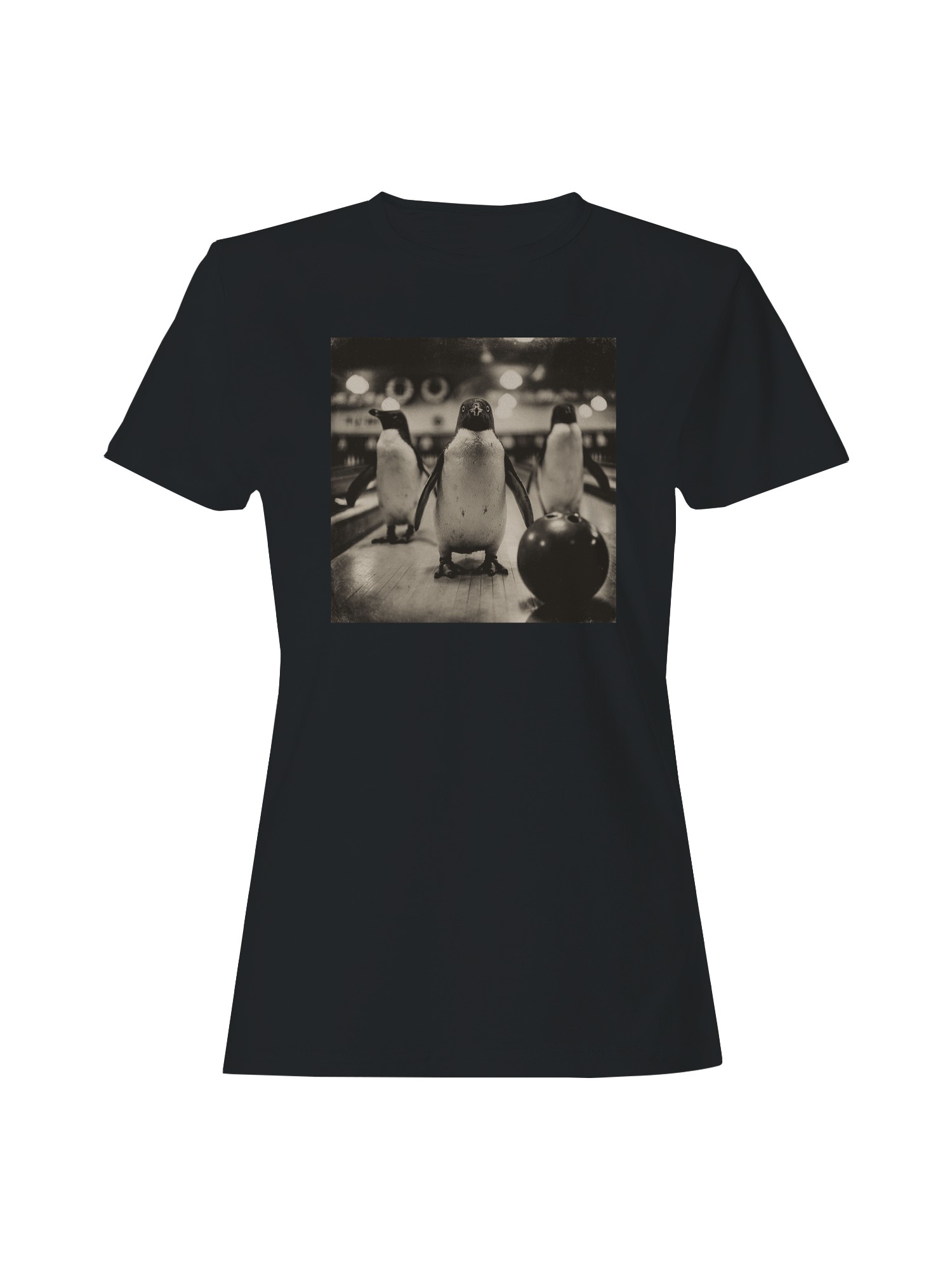 Bowling Penguins Vintage Scene Women's T-shirt - Picture 4 of 9