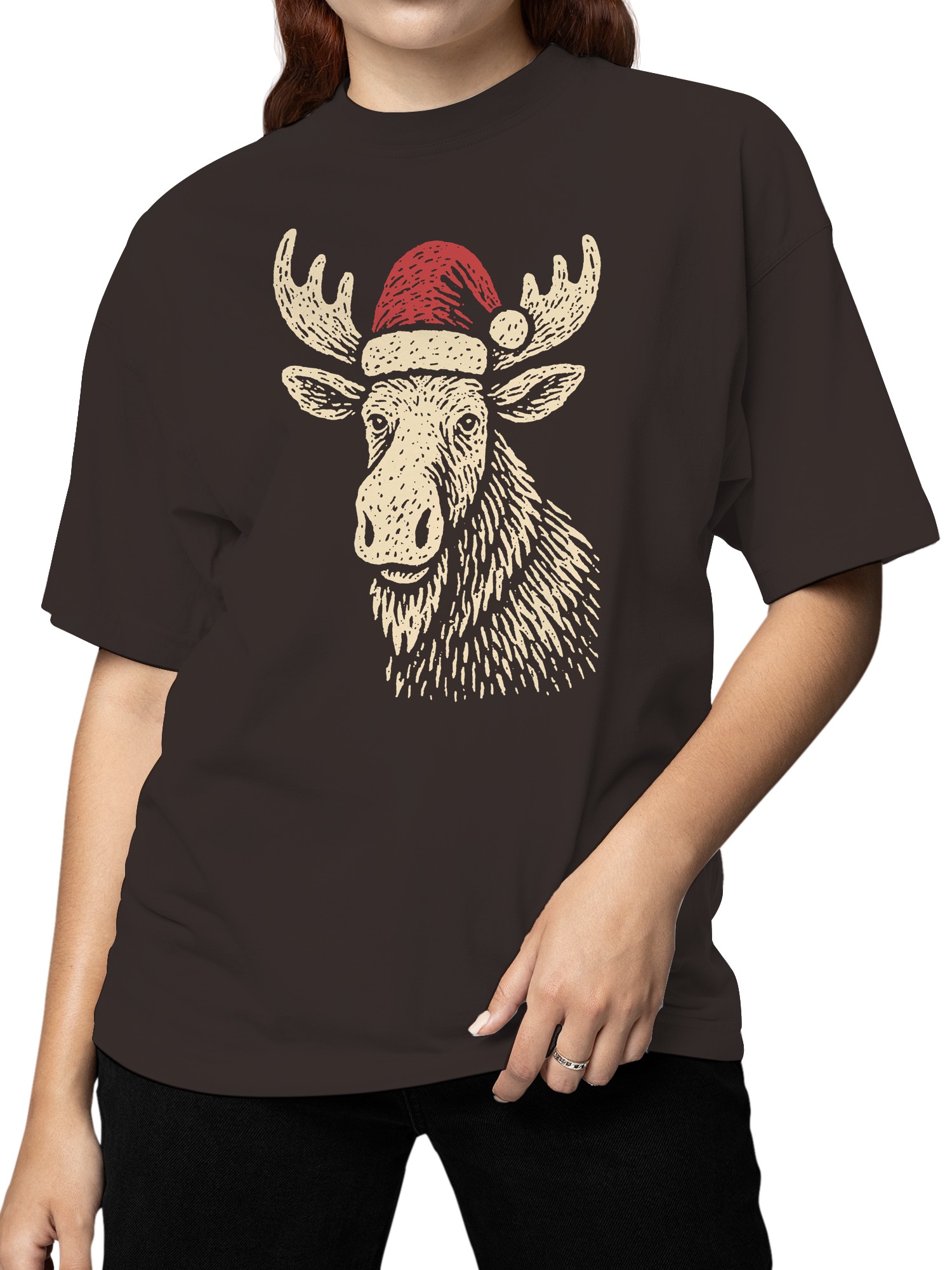 Festive Moose with Santa Hat Women's T-shirt - Picture 5 of 12