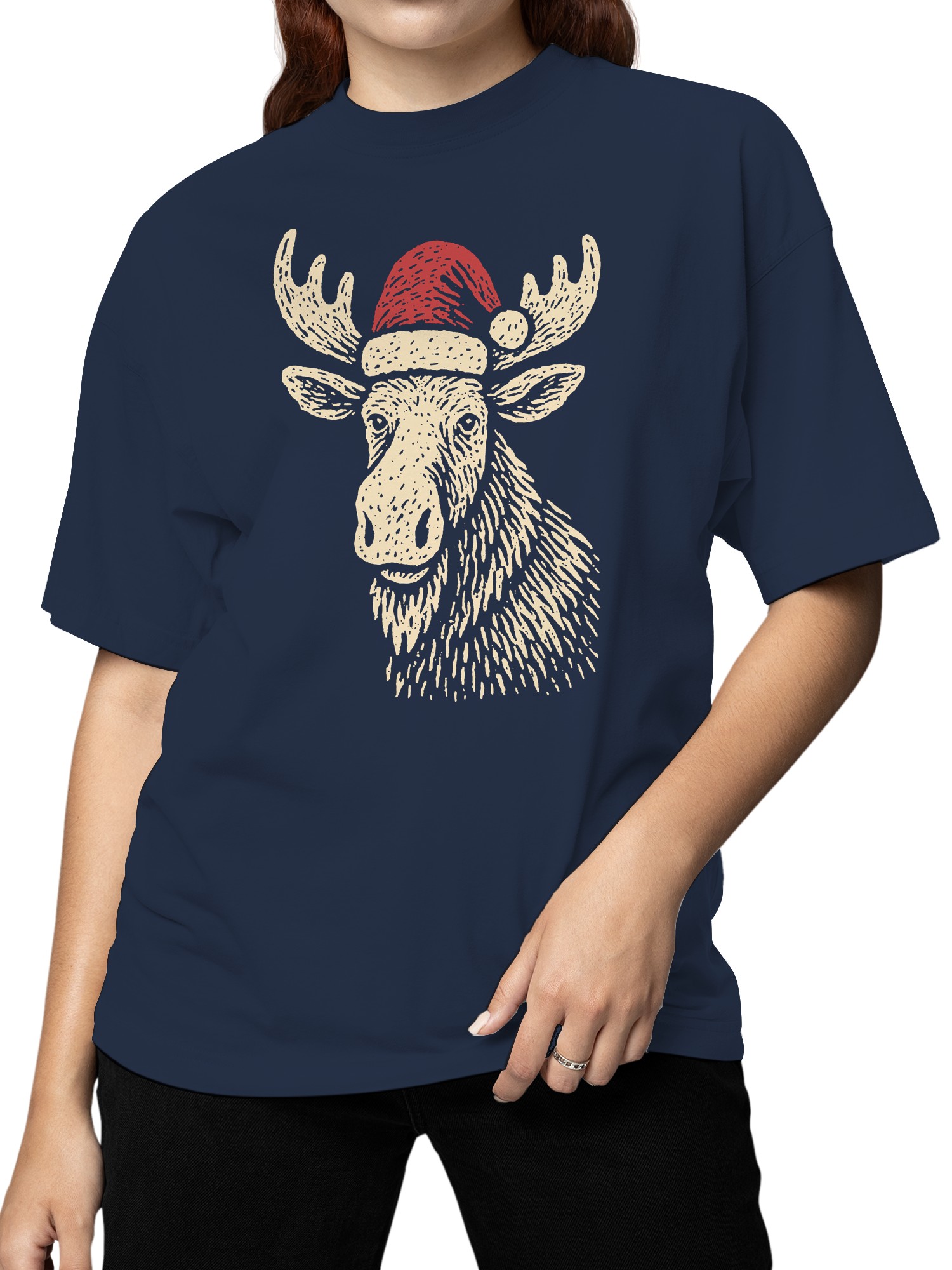 Festive Moose with Santa Hat Women's T-shirt - Picture 11 of 12