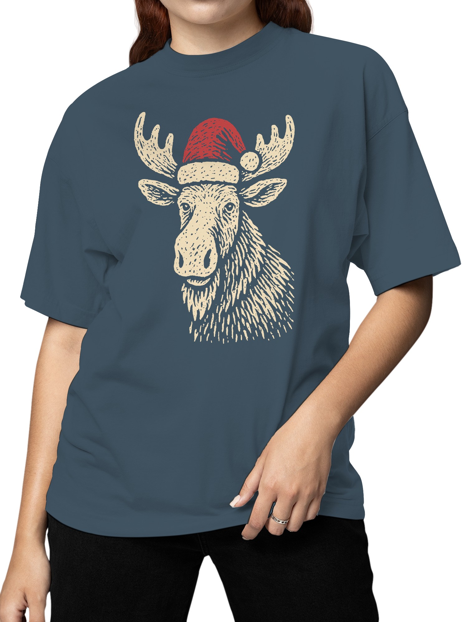 Festive Moose with Santa Hat Women's T-shirt - Picture 8 of 12