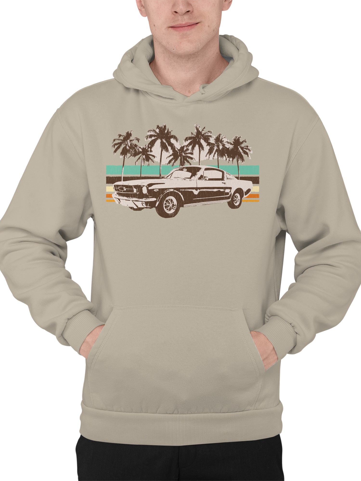 Vintage Car Palm Tree Sunset Art Men's Hoodie - Picture 5 of 9
