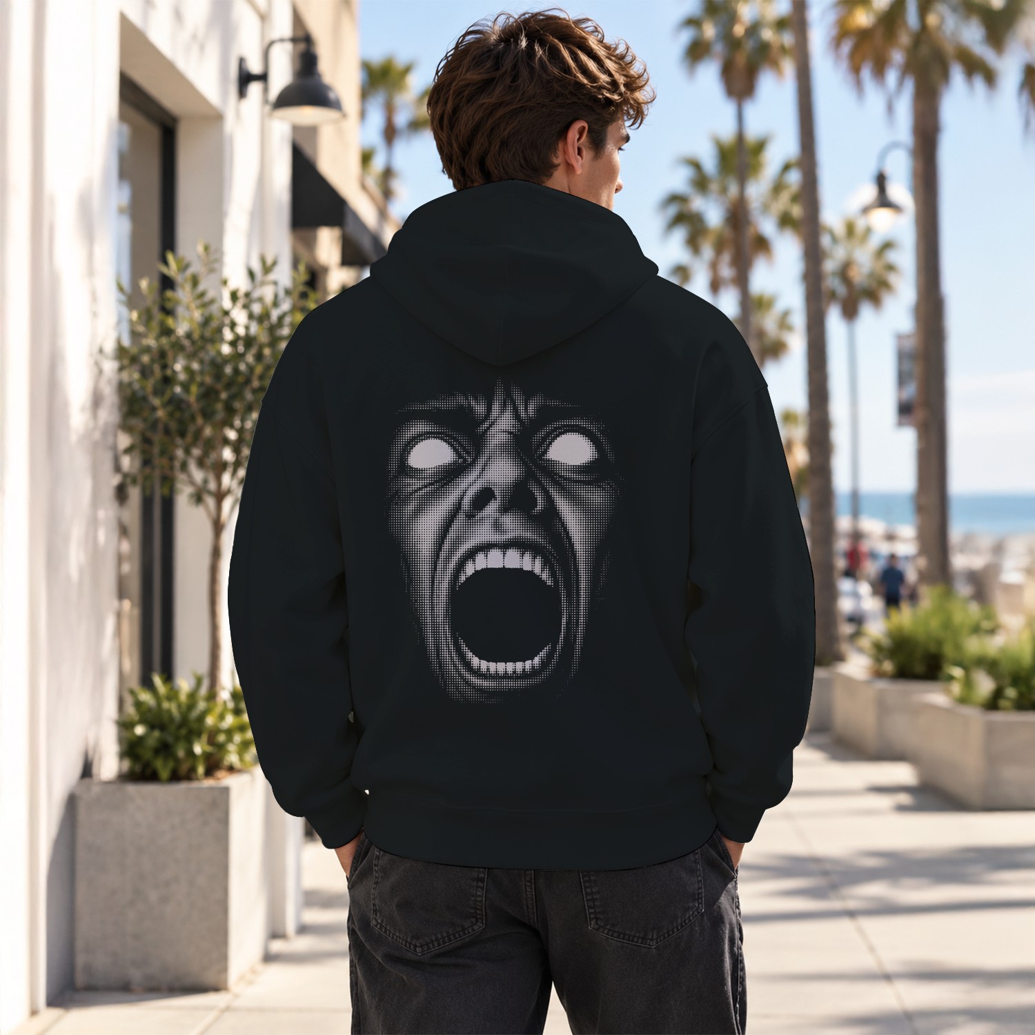 Screaming Face Horror Illustration Men's Hoodie - product detail image 3