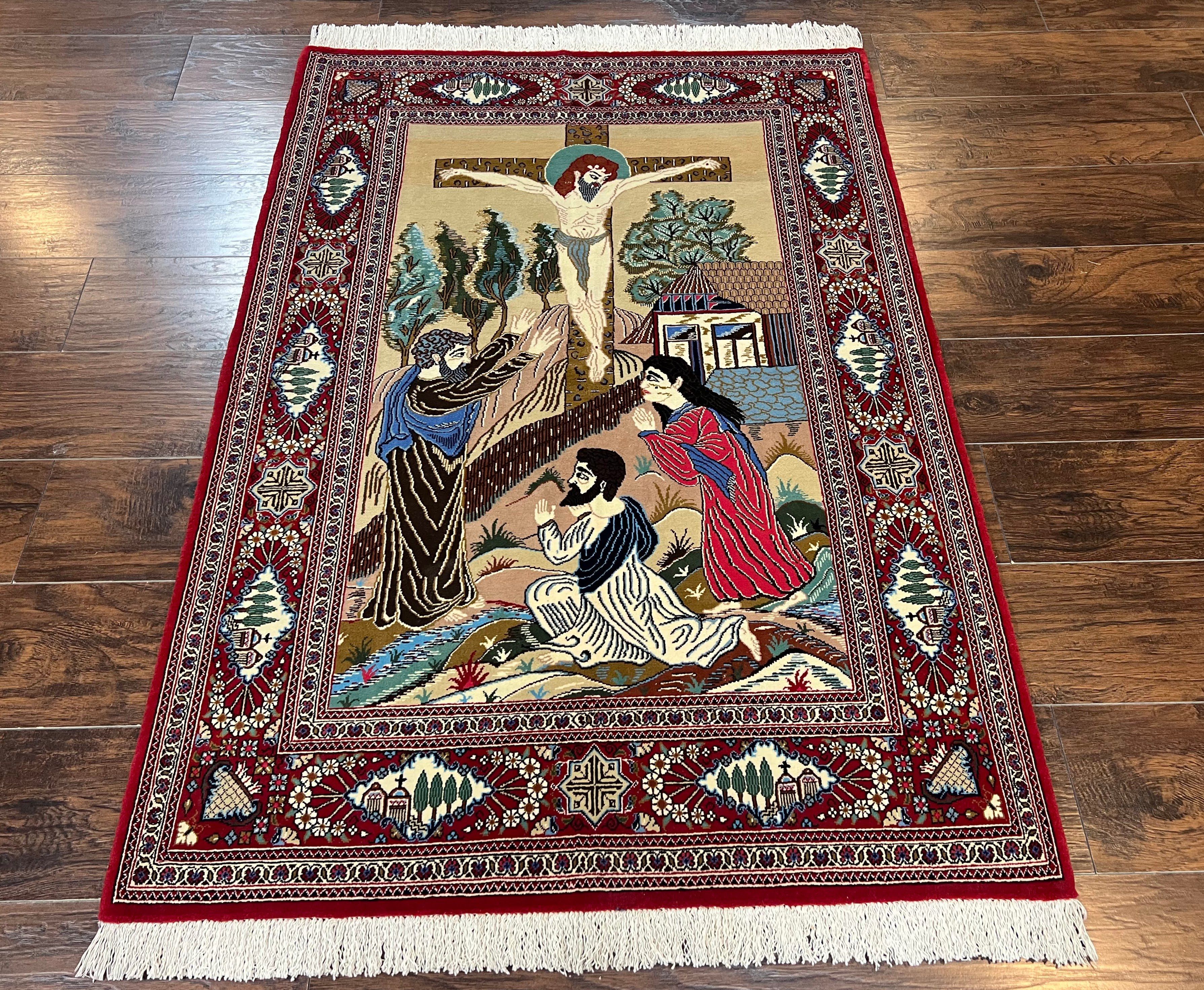 Pictorial Rug 3x5 Rare Christian Carpet Jesus on Cross Handmade