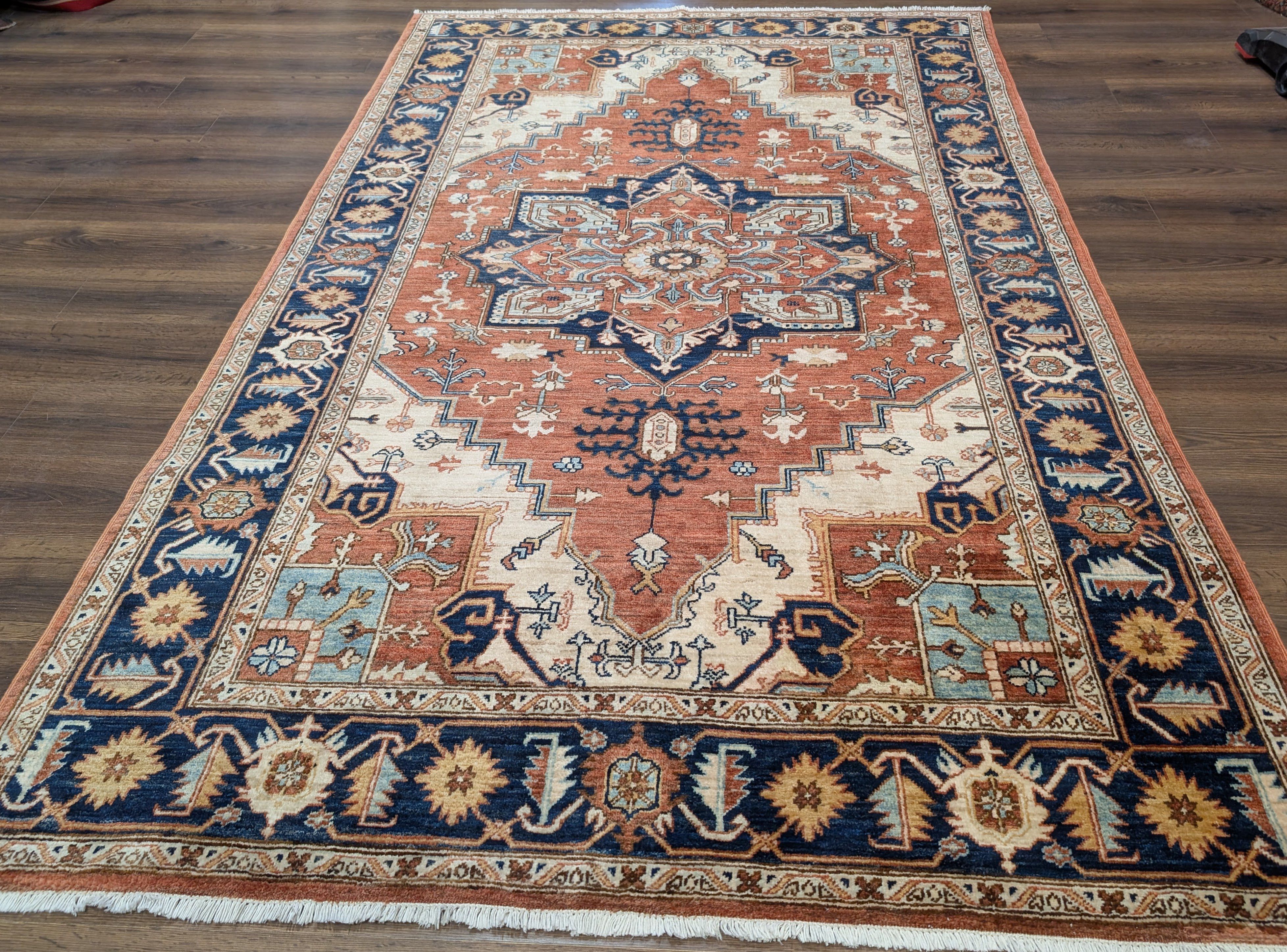 Turkish Heriz Serapi Rug 6x9, Geometric Medallion, Terracotta and
