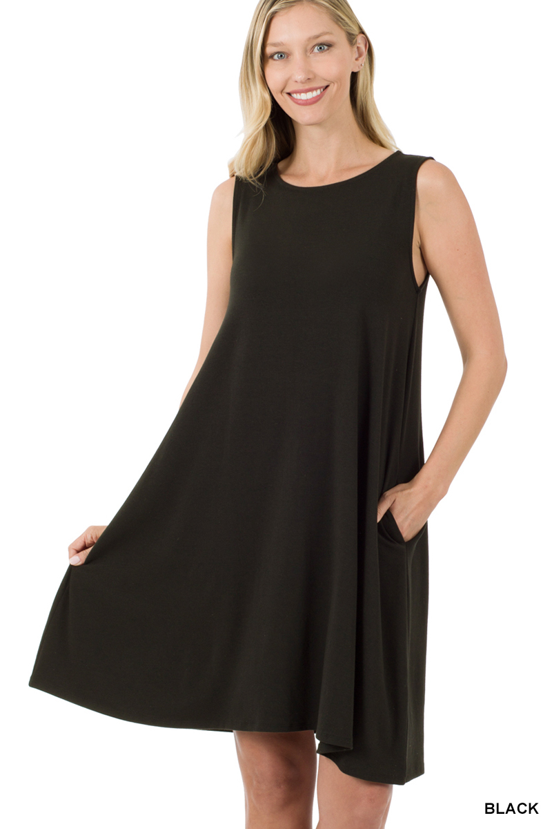 Zenana's Plus Size Sleeveless Jersey Flared Swing Tank Dress with Side Pockets - Picture 13 of 77