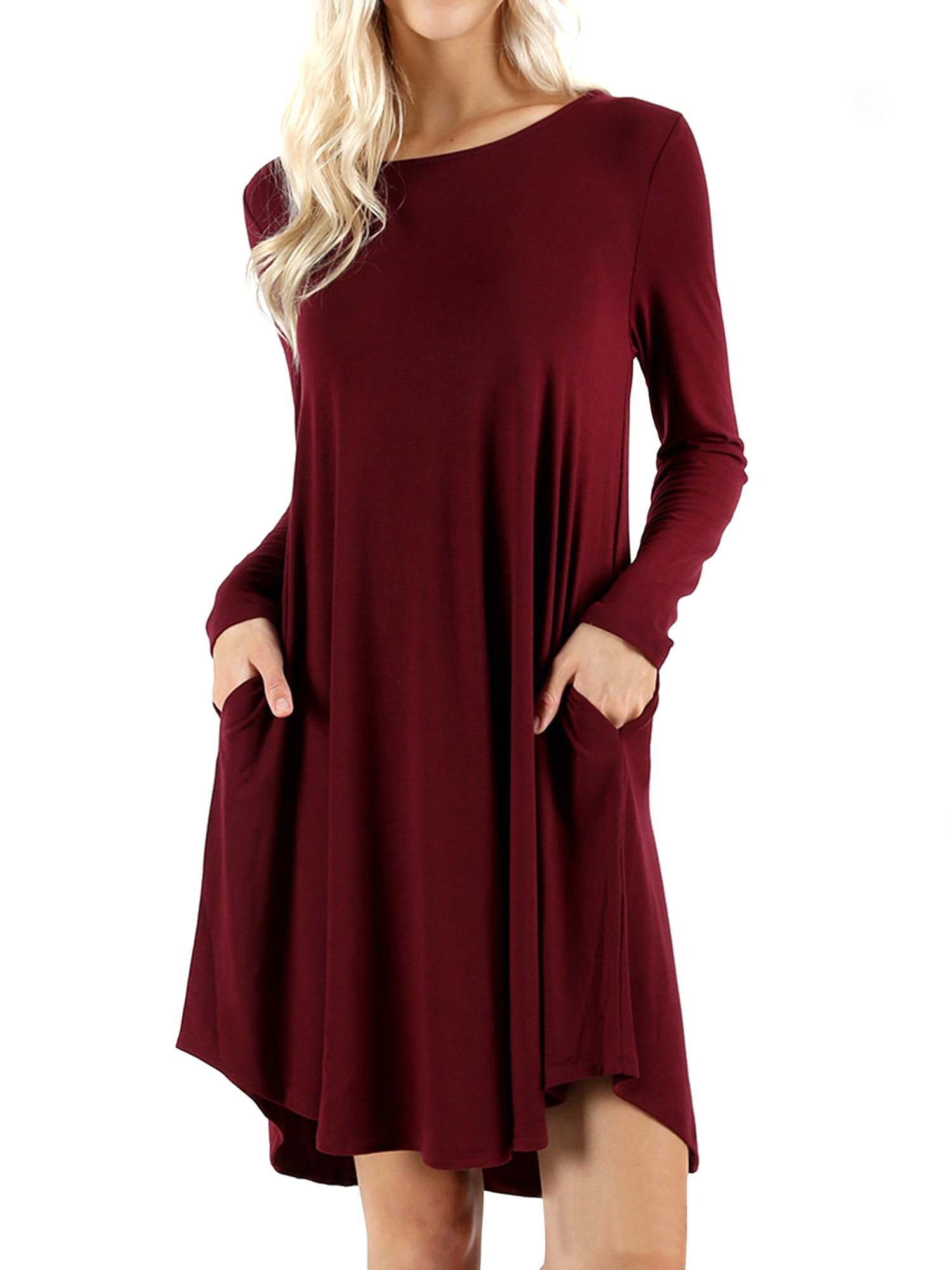 Women Long Sleeve Round Hem A-Line Pleated Swing Dress with Side Pockets | eBay