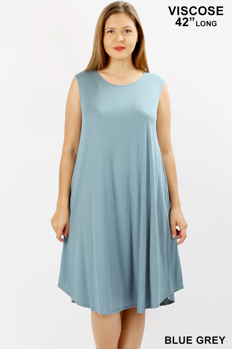 Womens Sleeveless Round Neck Knee Length Tunic Swing Midi Dress eBay