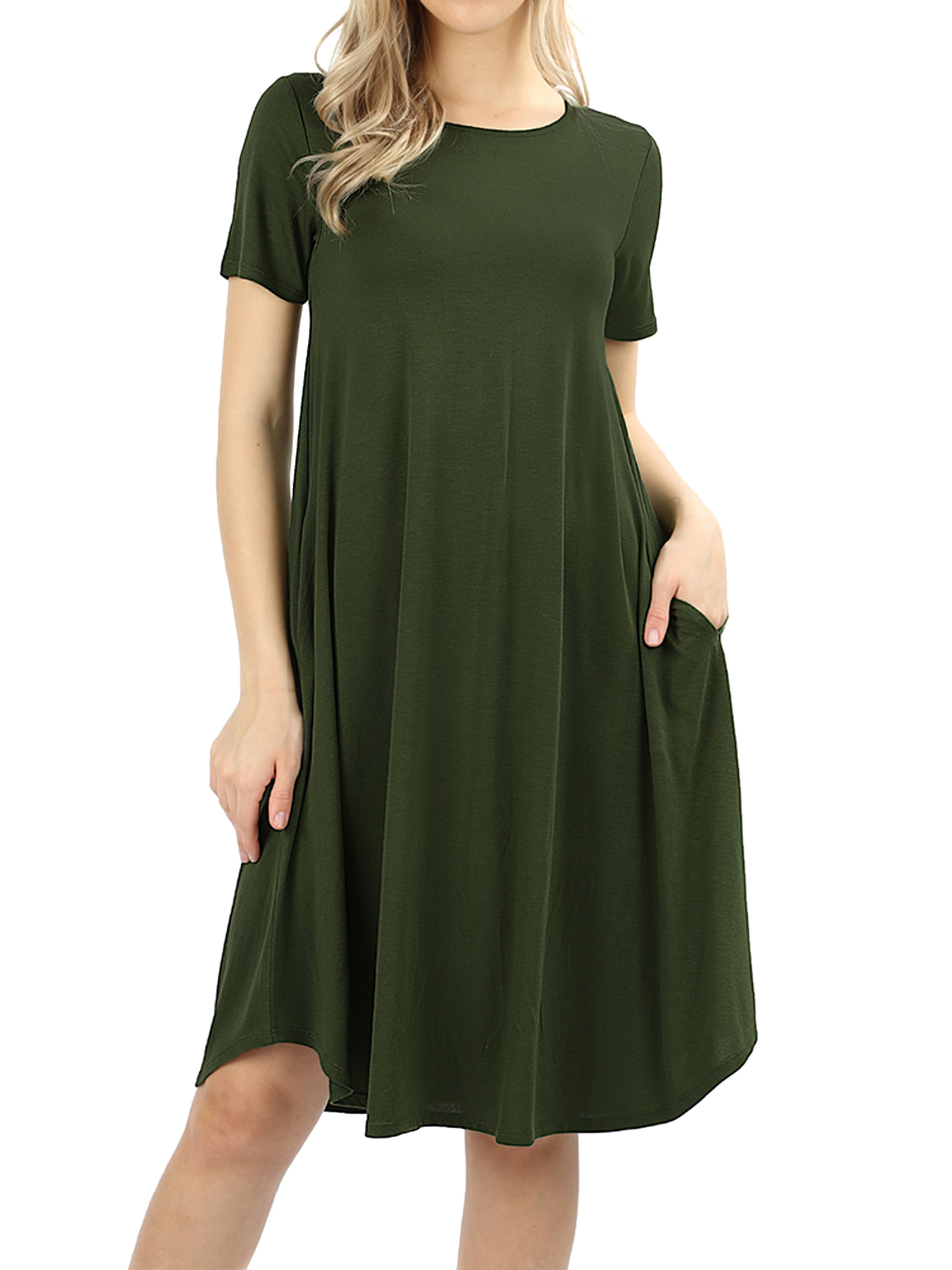 Women & Plus Round Neck Short Sleeve Knee Length ALine Swing Trapeze Midi Dress eBay
