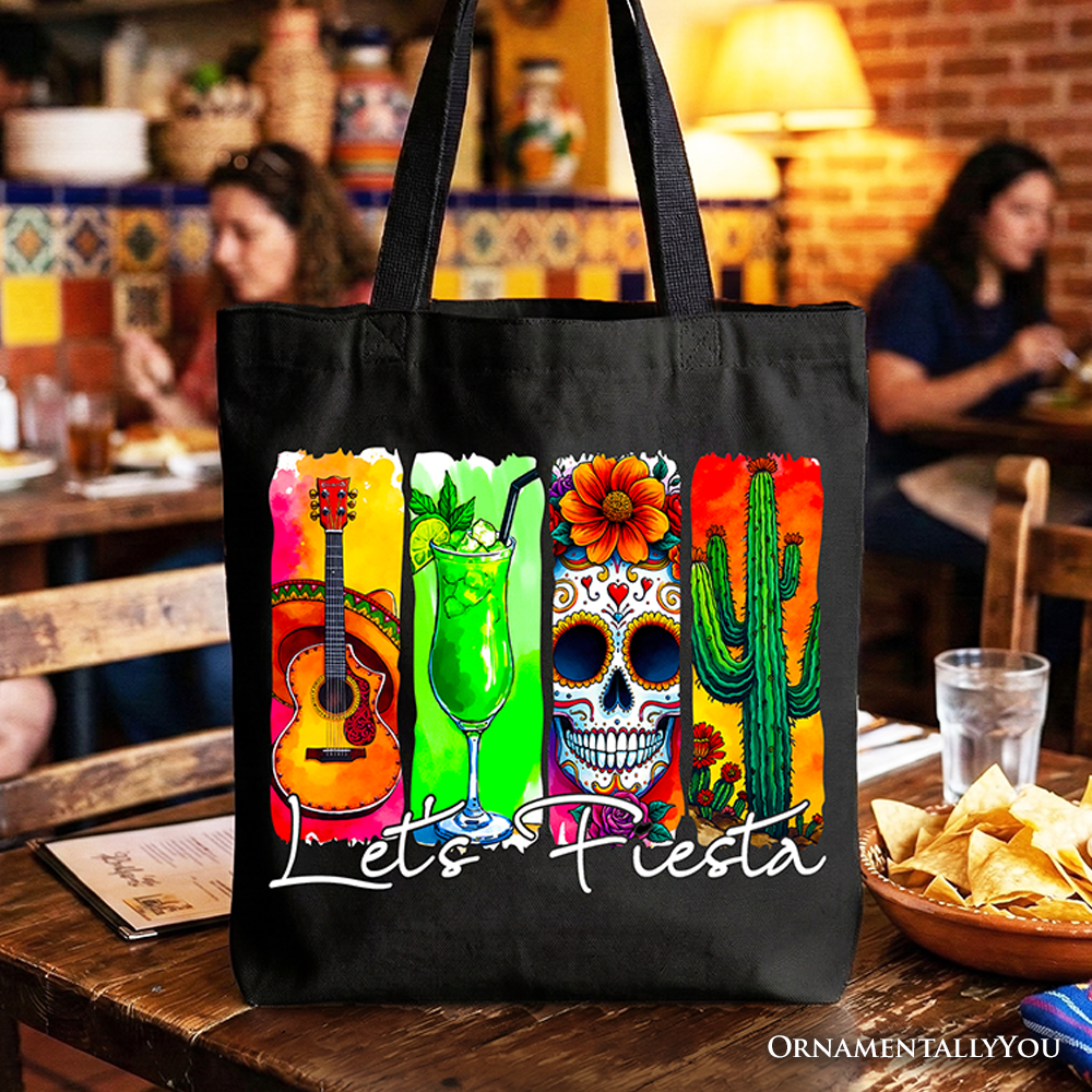 Cinco De Mayo Brushstroke Mexican Tote Bag, Let’s Fiesta Guitar Margarita