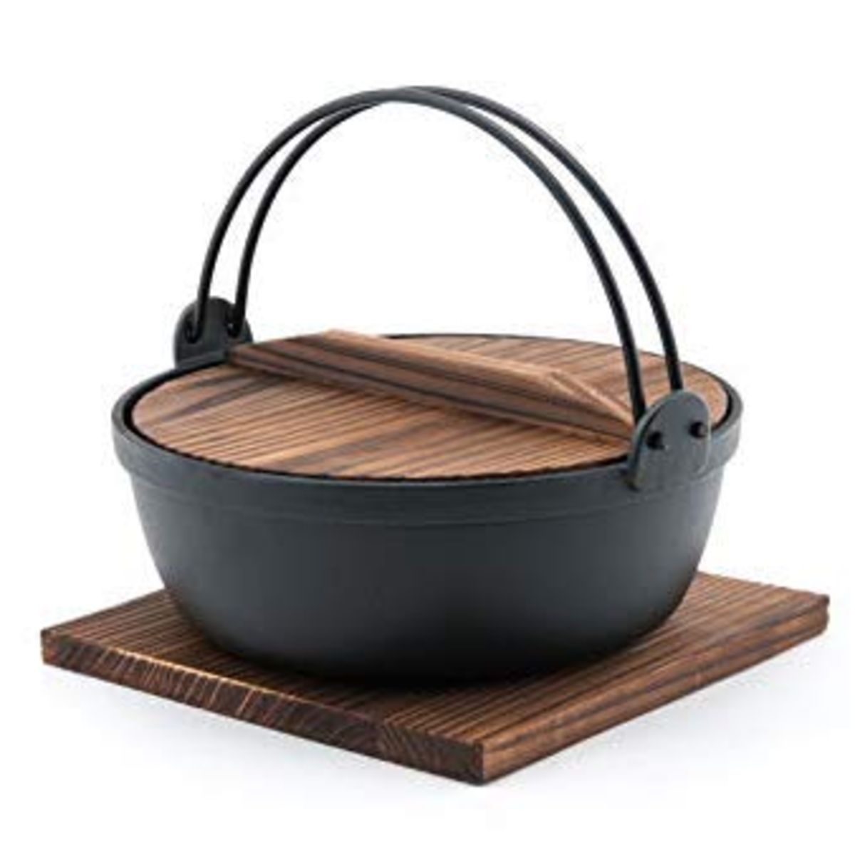Japanese Style Cast Iron Sukiyaki Tetsu Nabe Pot w/ Wooden Lid and Tray