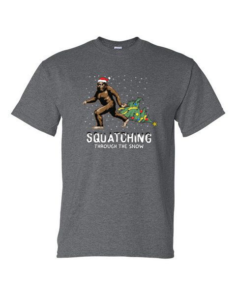 Adult T-Shirt - SQUACHING THROUGH THE SNOW - SANTA BIGFOOT WINTER / CHRISTMAS - Picture 16 of 41