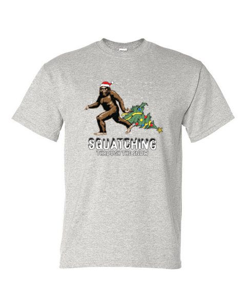 Adult T-Shirt - SQUACHING THROUGH THE SNOW - SANTA BIGFOOT WINTER / CHRISTMAS - Picture 28 of 41