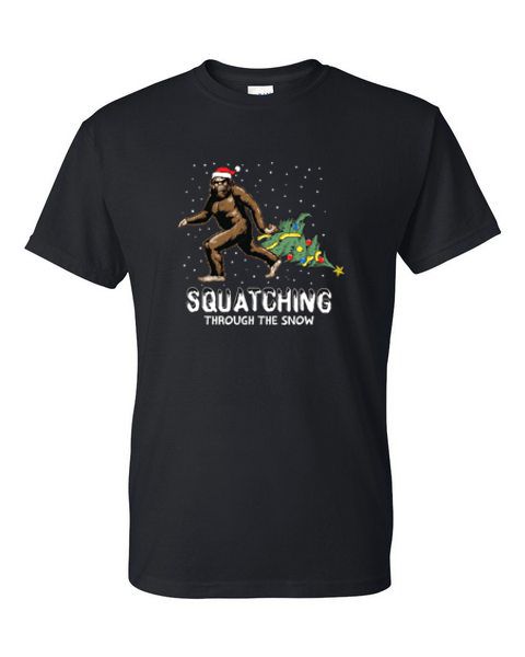 Adult T-Shirt - SQUACHING THROUGH THE SNOW - SANTA BIGFOOT WINTER / CHRISTMAS - Picture 11 of 41