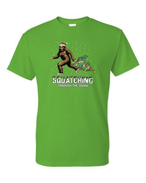 Adult T-Shirt - SQUACHING THROUGH THE SNOW - SANTA BIGFOOT WINTER / CHRISTMAS - Picture 31 of 41