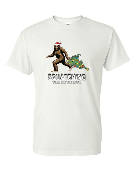 Adult T-Shirt - SQUACHING THROUGH THE SNOW - SANTA BIGFOOT WINTER / CHRISTMAS - Picture 39 of 41