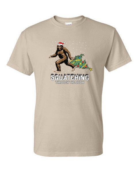 Adult T-Shirt - SQUACHING THROUGH THE SNOW - SANTA BIGFOOT WINTER / CHRISTMAS - Picture 18 of 41