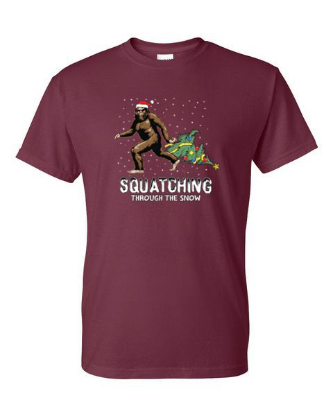 Adult T-Shirt - SQUACHING THROUGH THE SNOW - SANTA BIGFOOT WINTER / CHRISTMAS - Picture 37 of 41